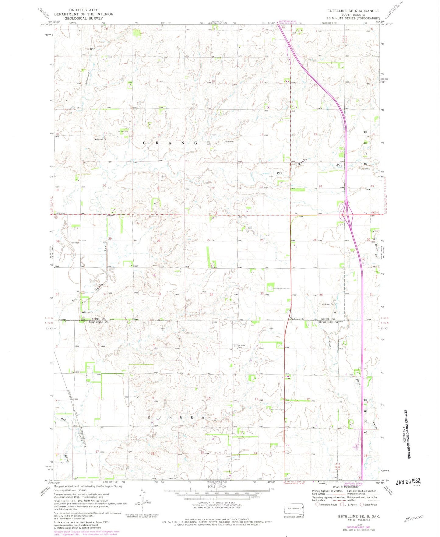 Classic USGS Estelline SE South Dakota 7.5'x7.5' Topo Map Image