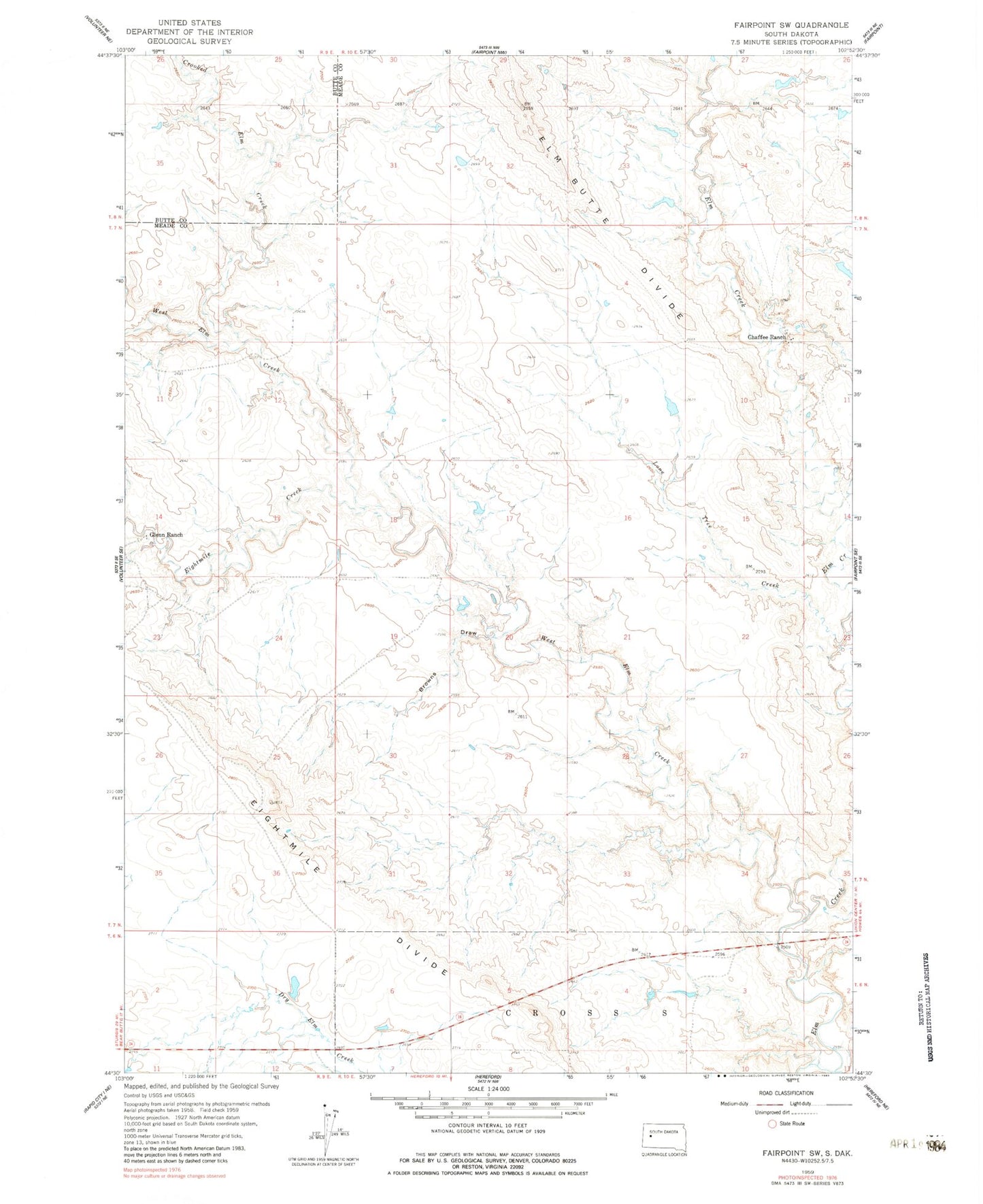 Classic USGS Fairpoint SW South Dakota 7.5'x7.5' Topo Map Image