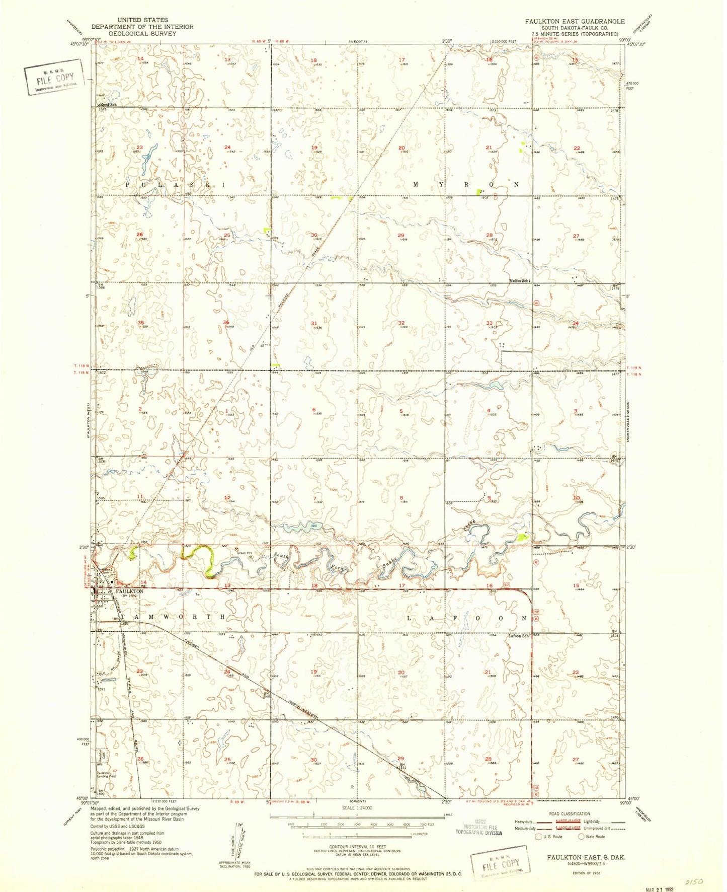 Classic USGS Faulkton East South Dakota 7.5'x7.5' Topo Map Image