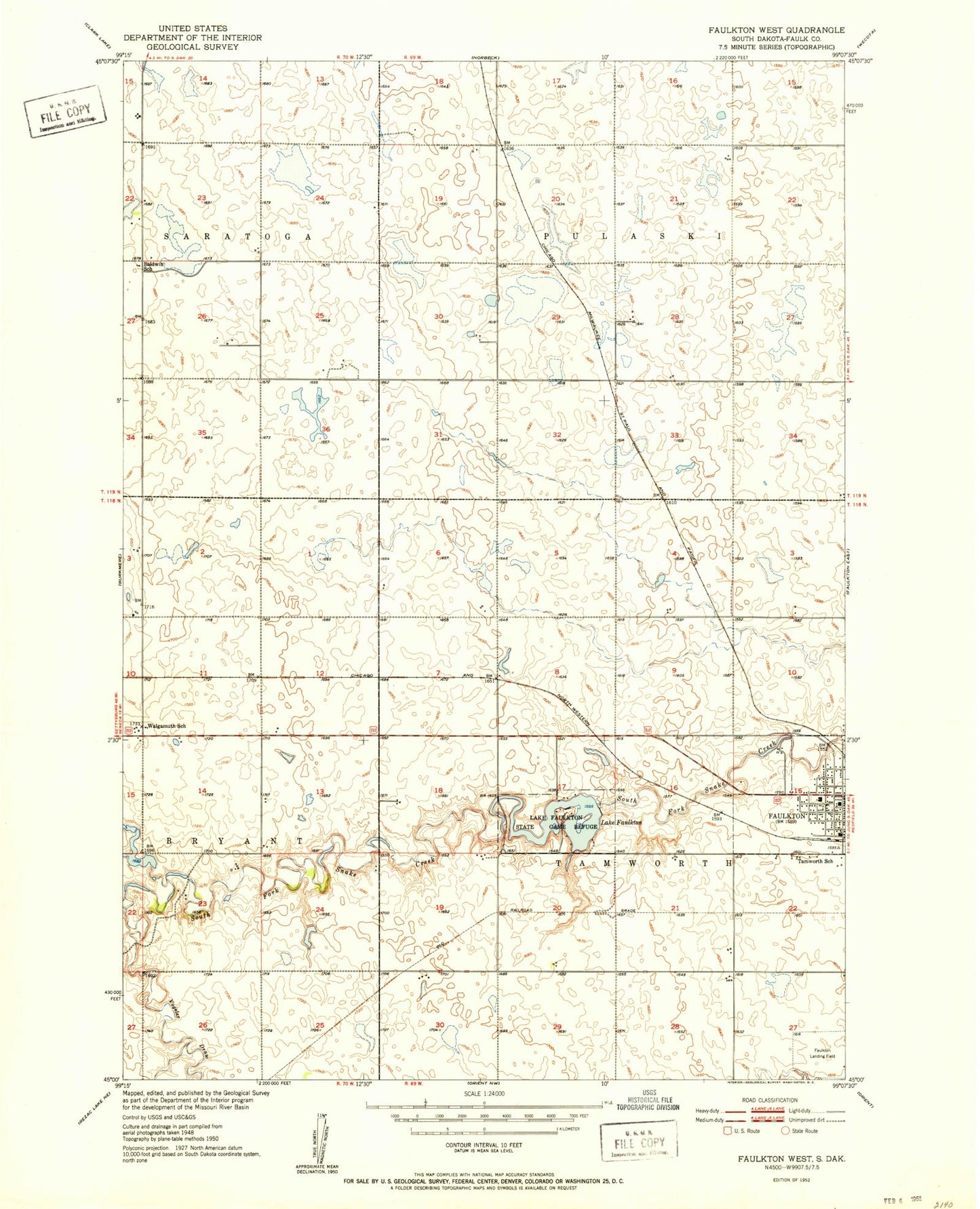 Classic USGS Faulkton West South Dakota 7.5'x7.5' Topo Map Image