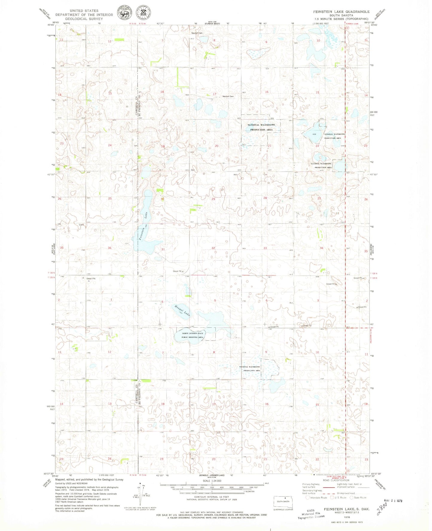 Classic USGS Feinstein Lake South Dakota 7.5'x7.5' Topo Map Image