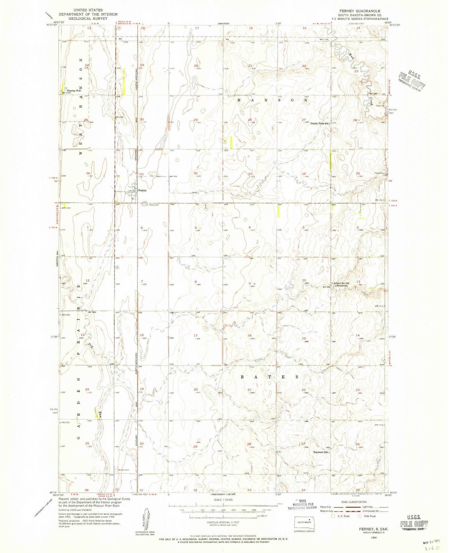 Classic USGS Ferney South Dakota 7.5'x7.5' Topo Map Image