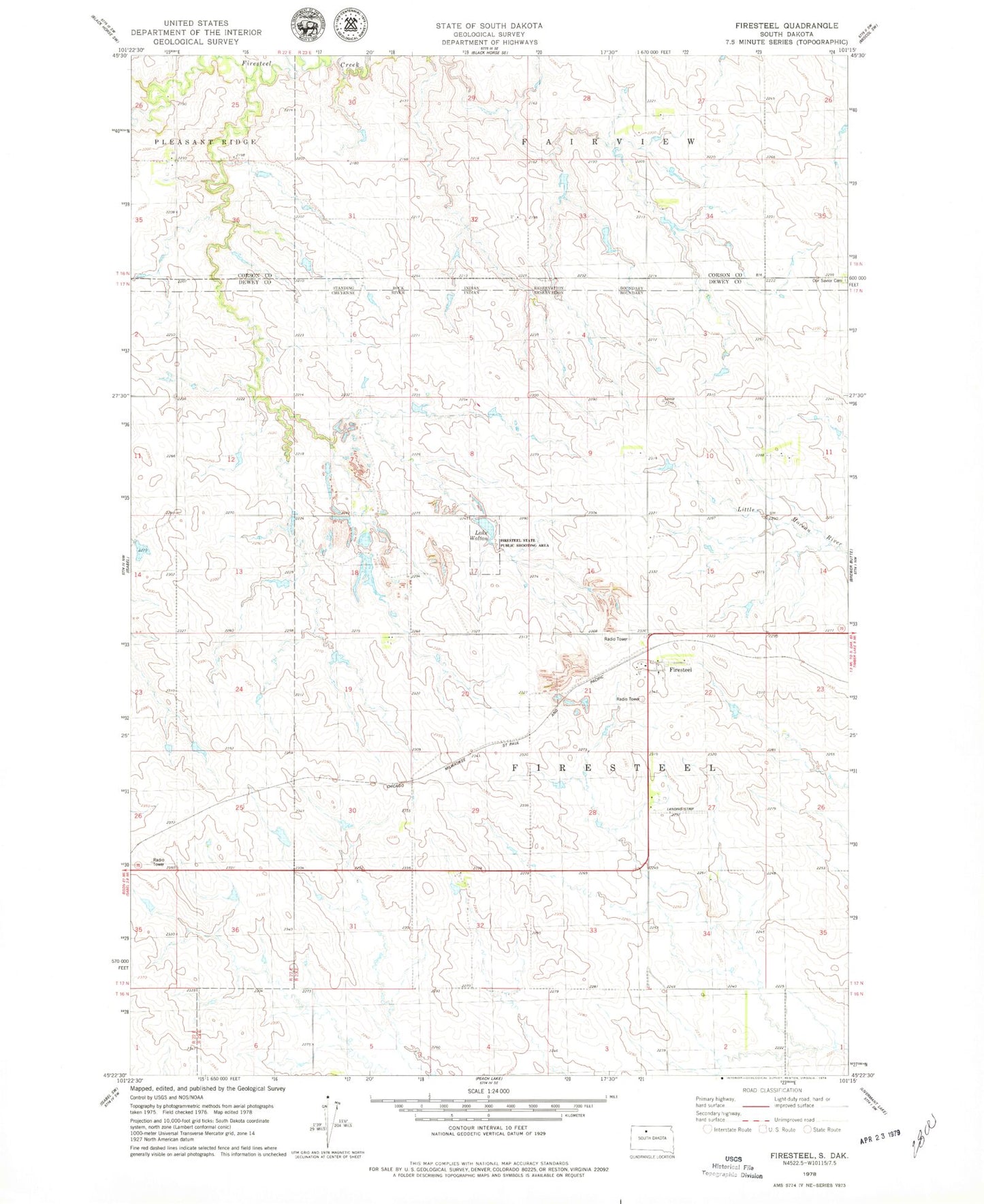 Classic USGS Firesteel South Dakota 7.5'x7.5' Topo Map Image