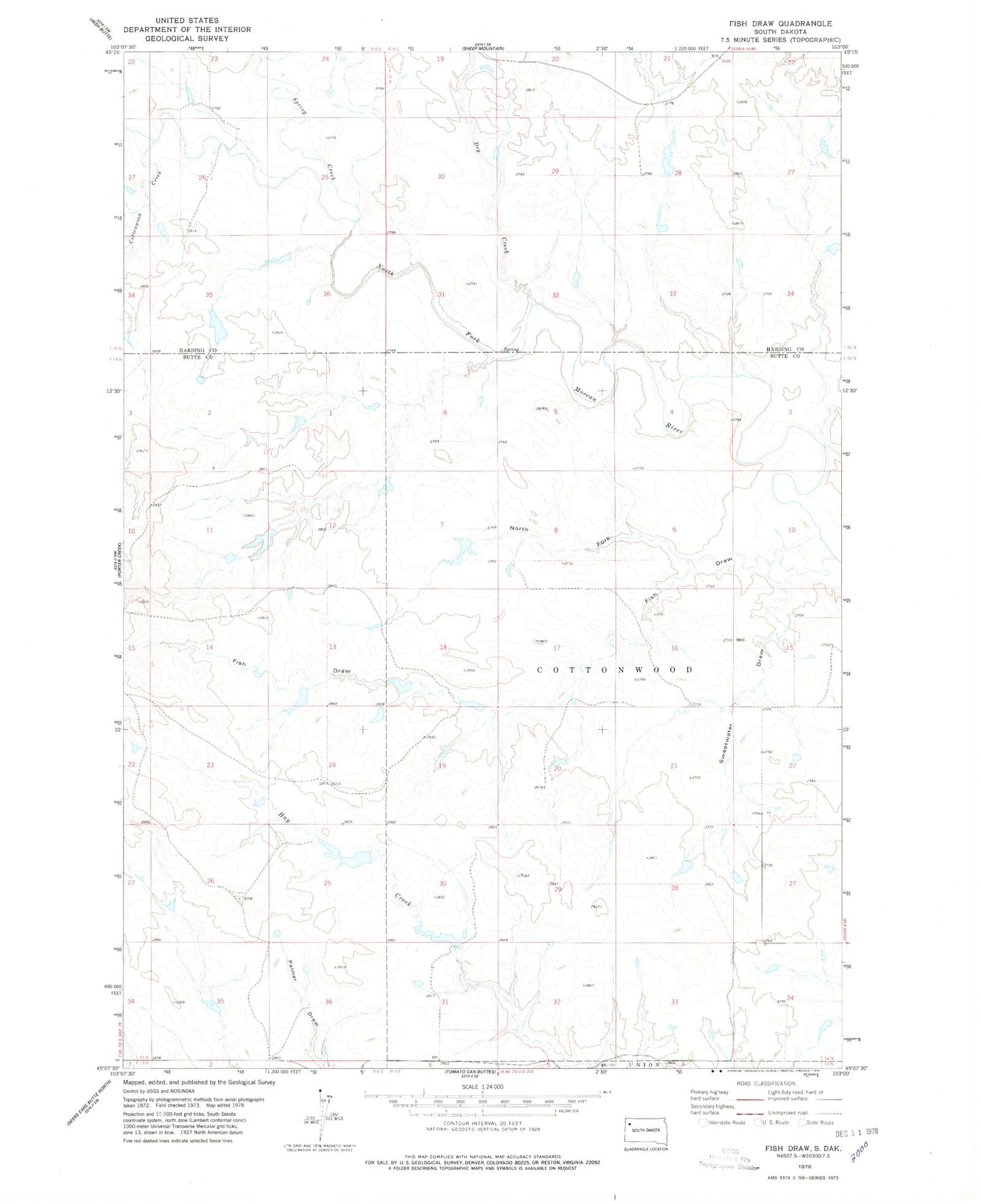 Classic USGS Fish Draw South Dakota 7.5'x7.5' Topo Map Image