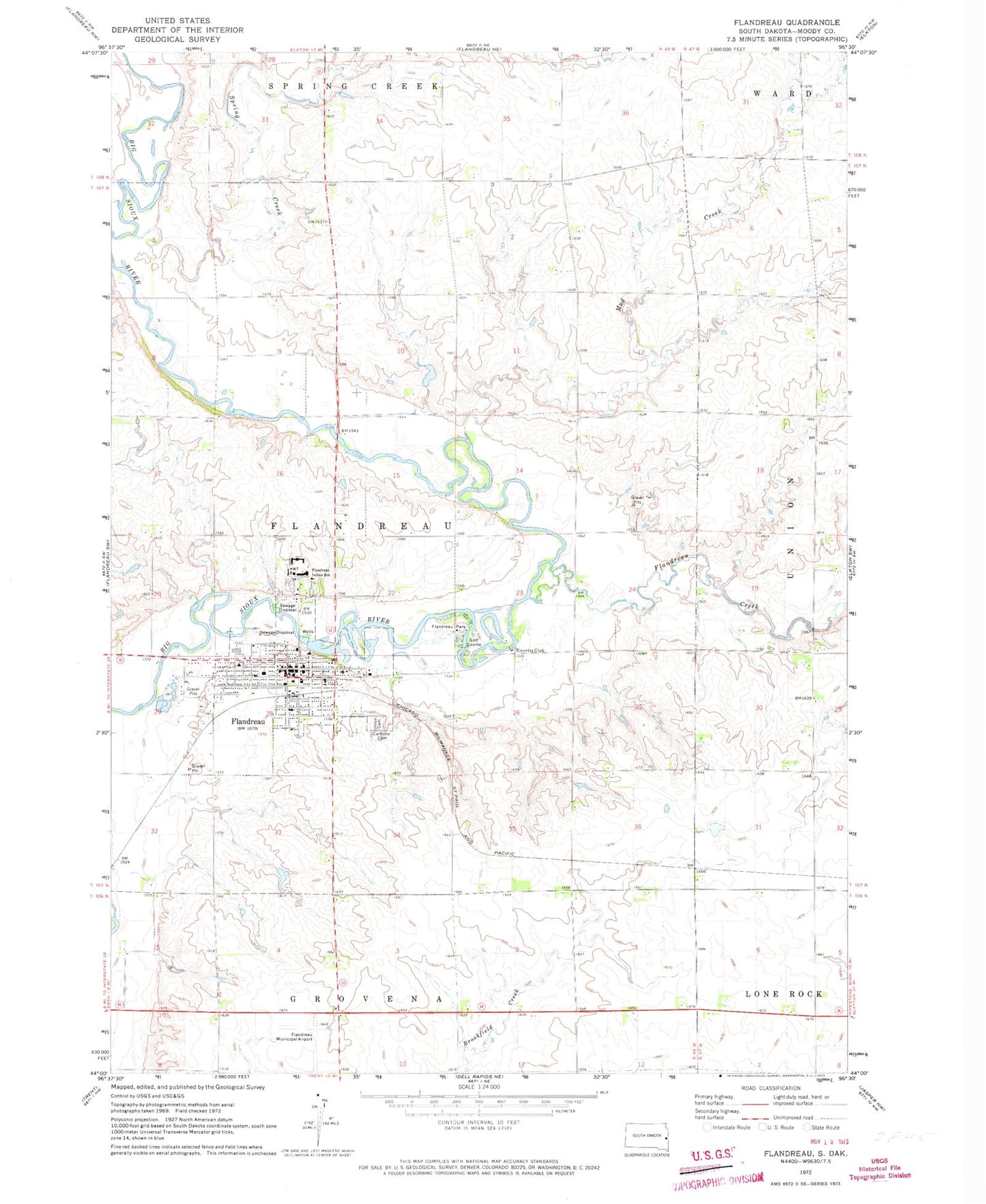 Classic USGS Flandreau South Dakota 7.5'x7.5' Topo Map Image