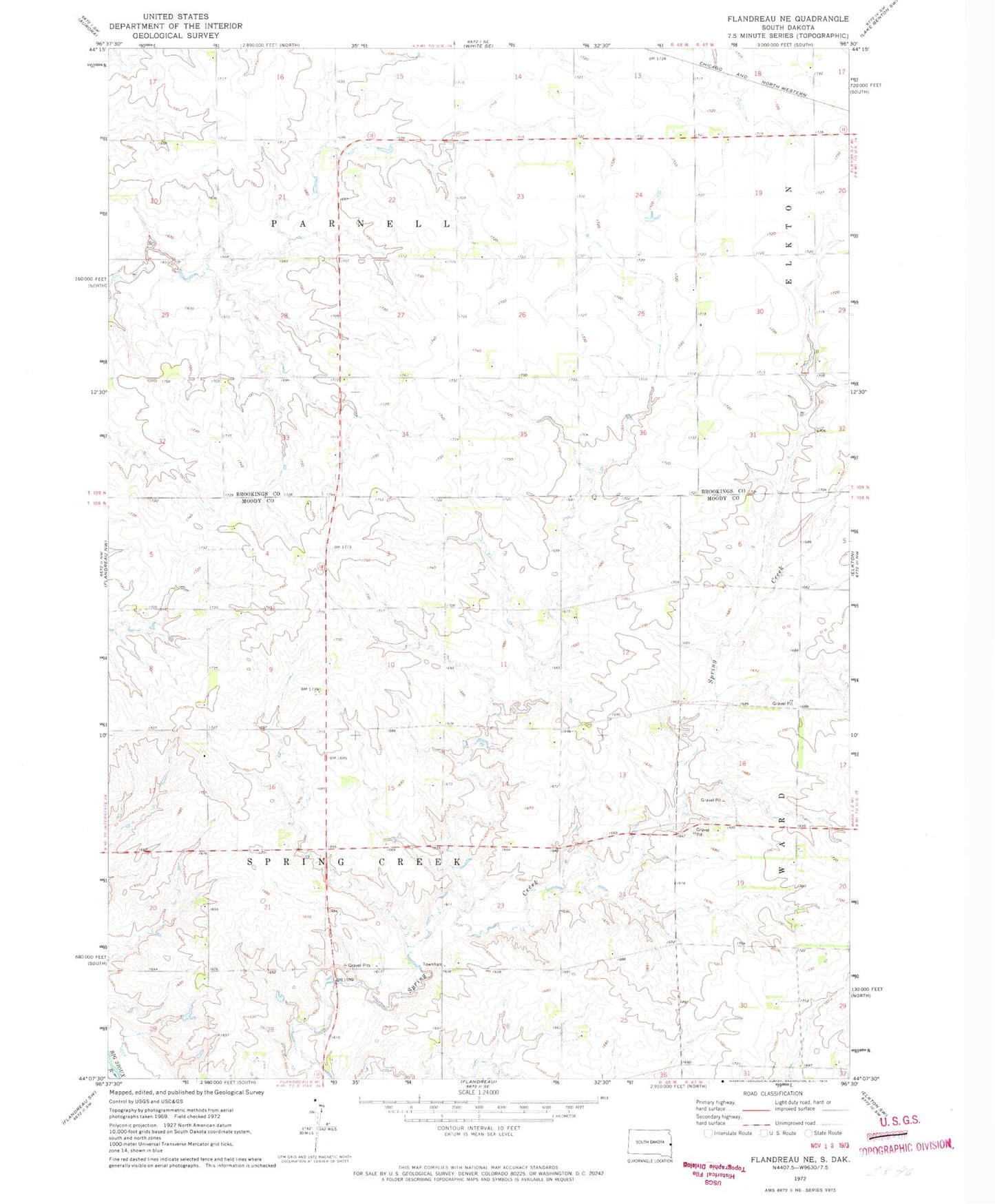 Classic USGS Flandreau NE South Dakota 7.5'x7.5' Topo Map Image