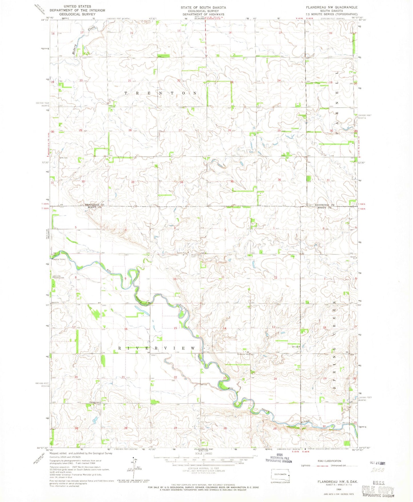 Classic USGS Flandreau NW South Dakota 7.5'x7.5' Topo Map Image