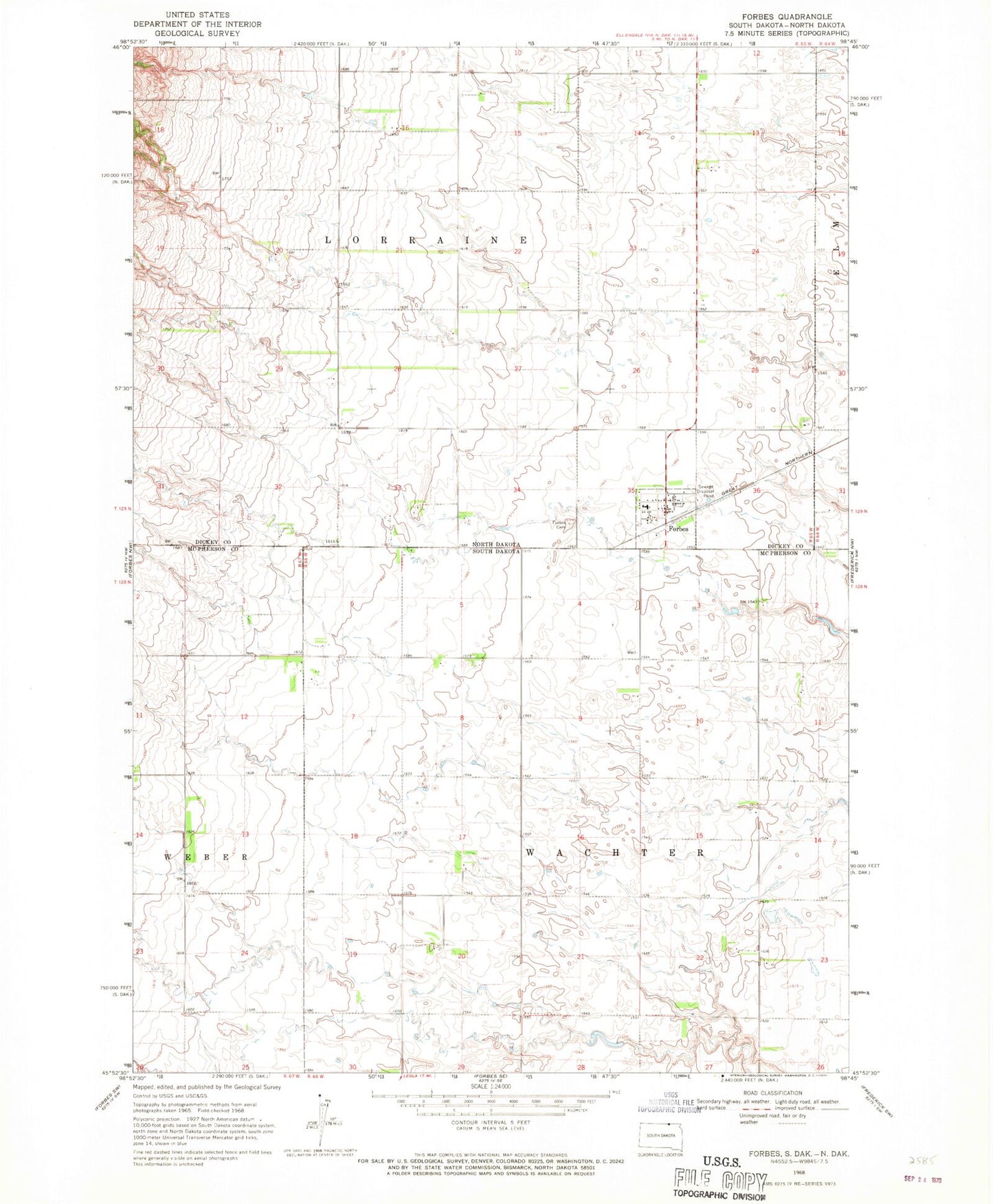Classic USGS Forbes North Dakota 7.5'x7.5' Topo Map Image