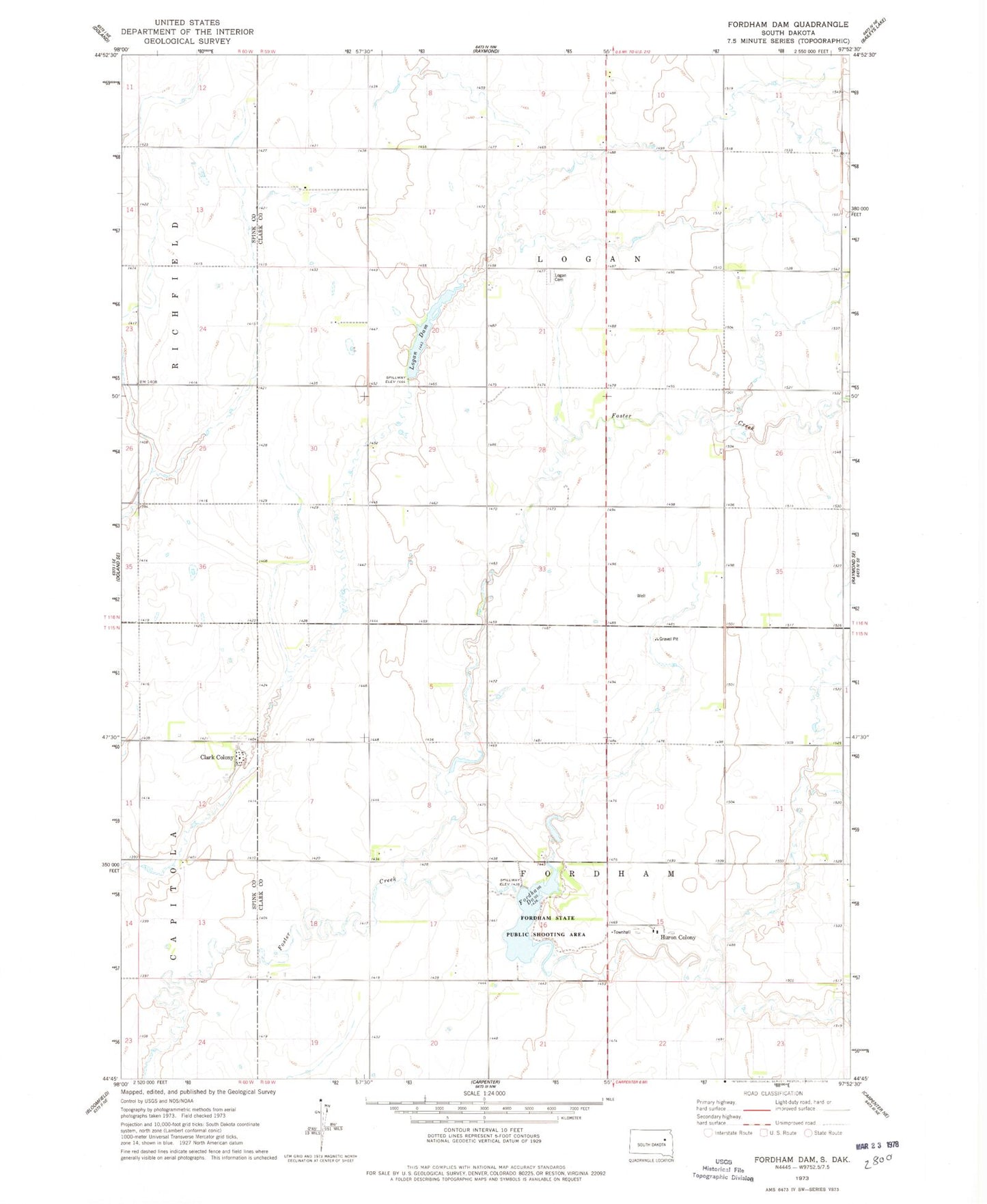 Classic USGS Fordham Dam South Dakota 7.5'x7.5' Topo Map Image