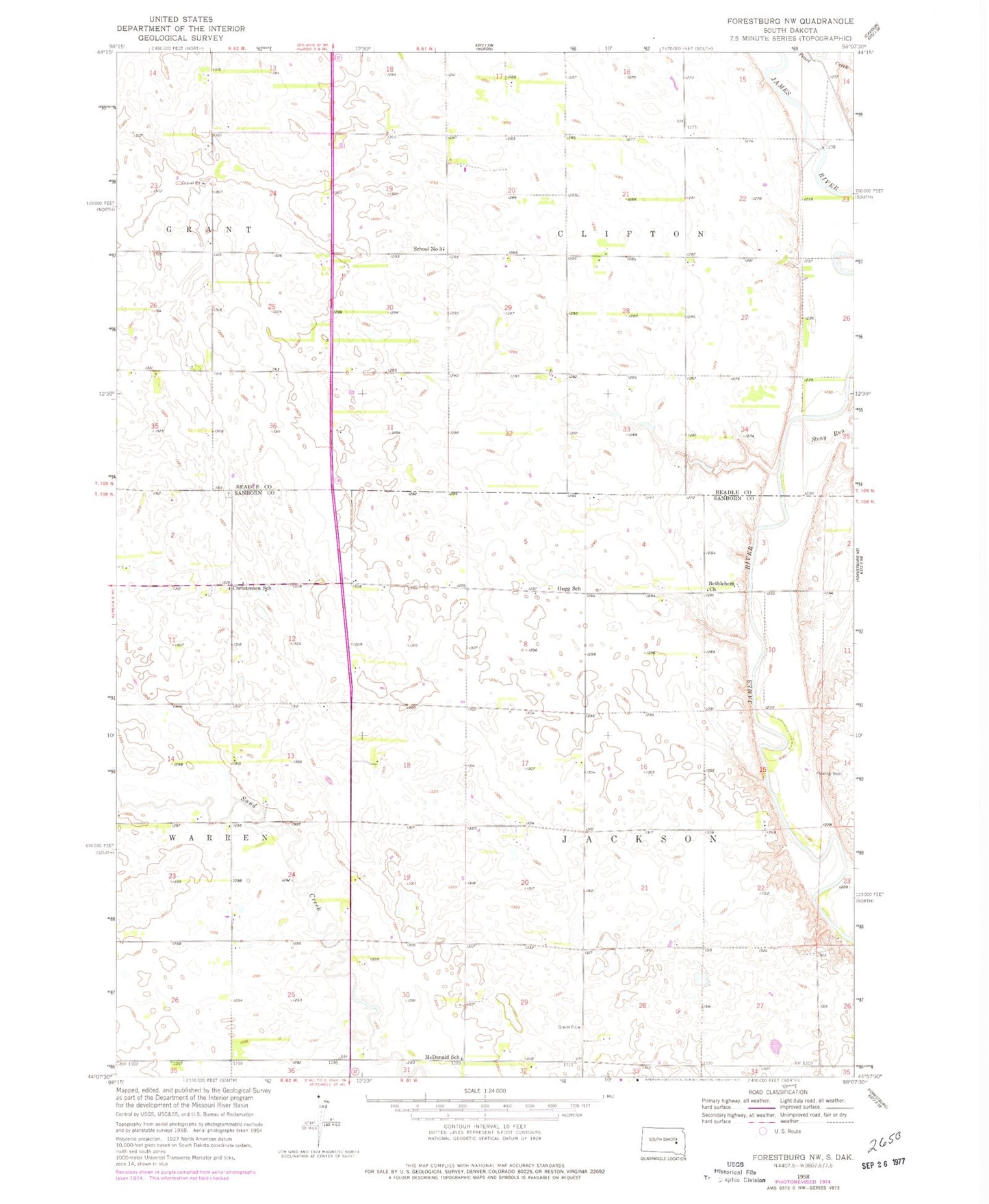 Classic USGS Forestburg NW South Dakota 7.5'x7.5' Topo Map Image