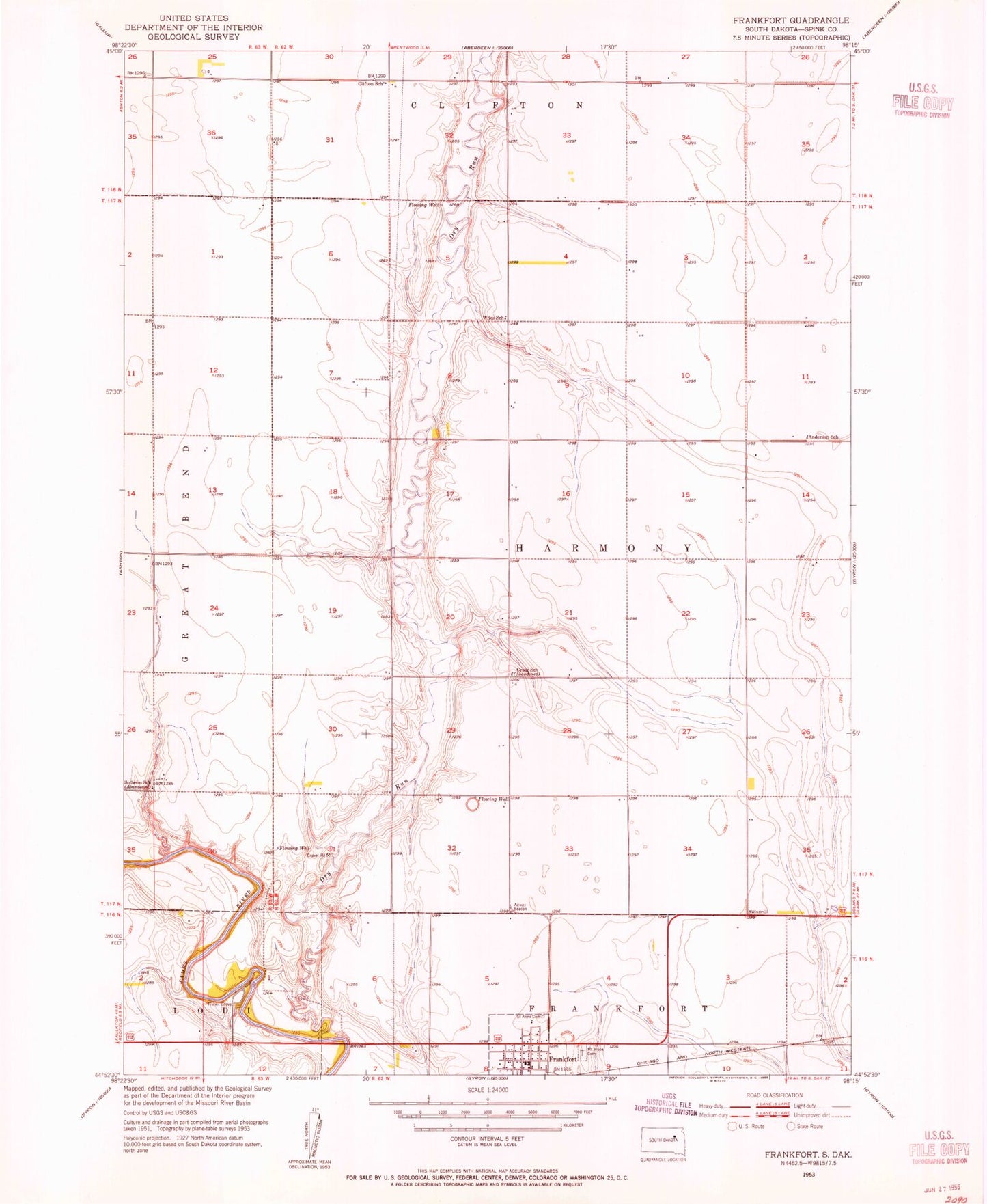 Classic USGS Frankfort South Dakota 7.5'x7.5' Topo Map Image