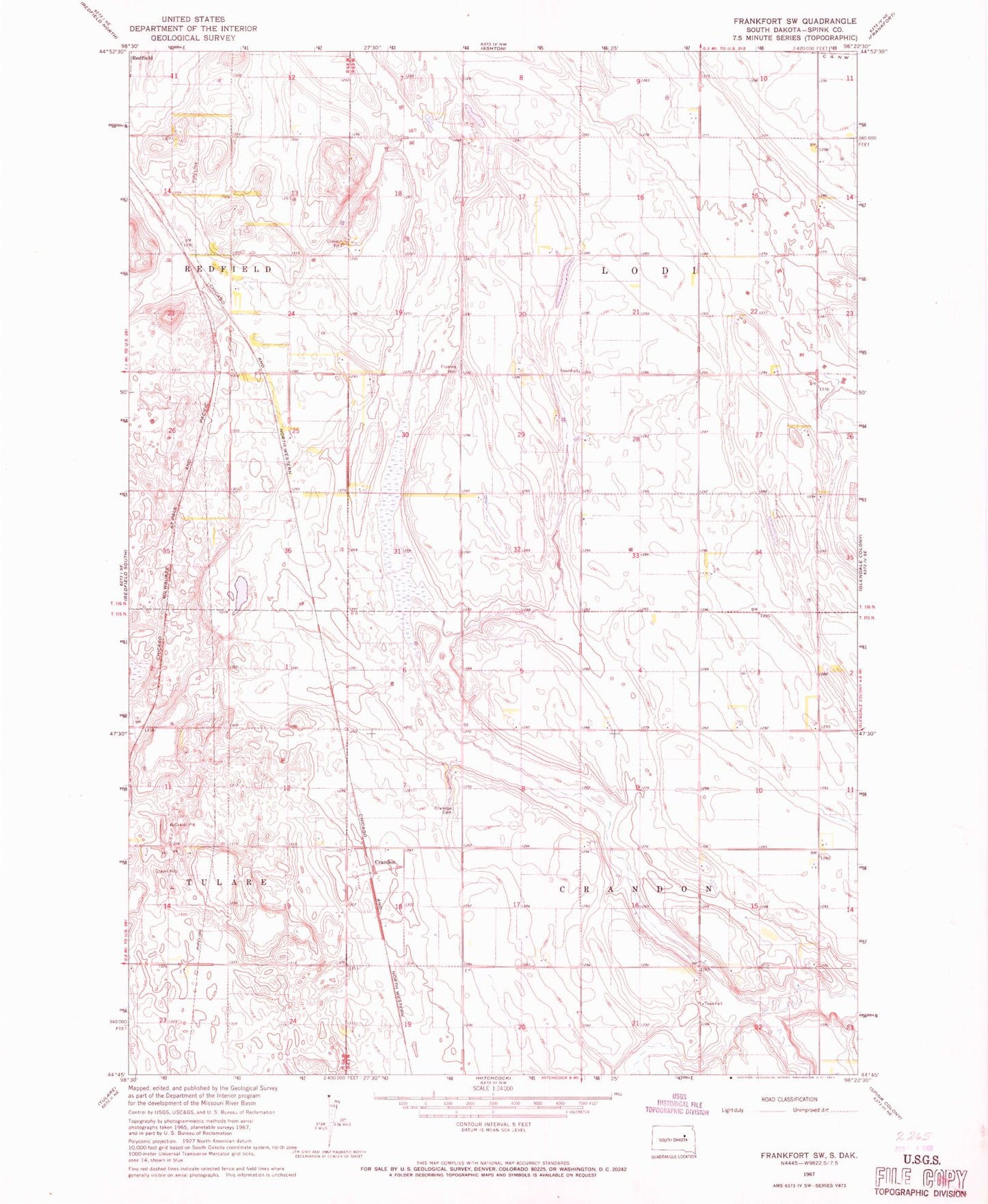Classic USGS Frankfort SW South Dakota 7.5'x7.5' Topo Map Image