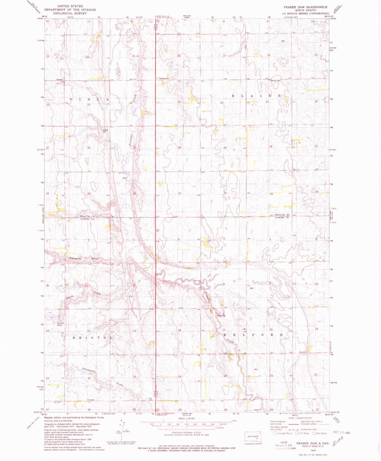 Classic USGS Fraser Dam South Dakota 7.5'x7.5' Topo Map Image