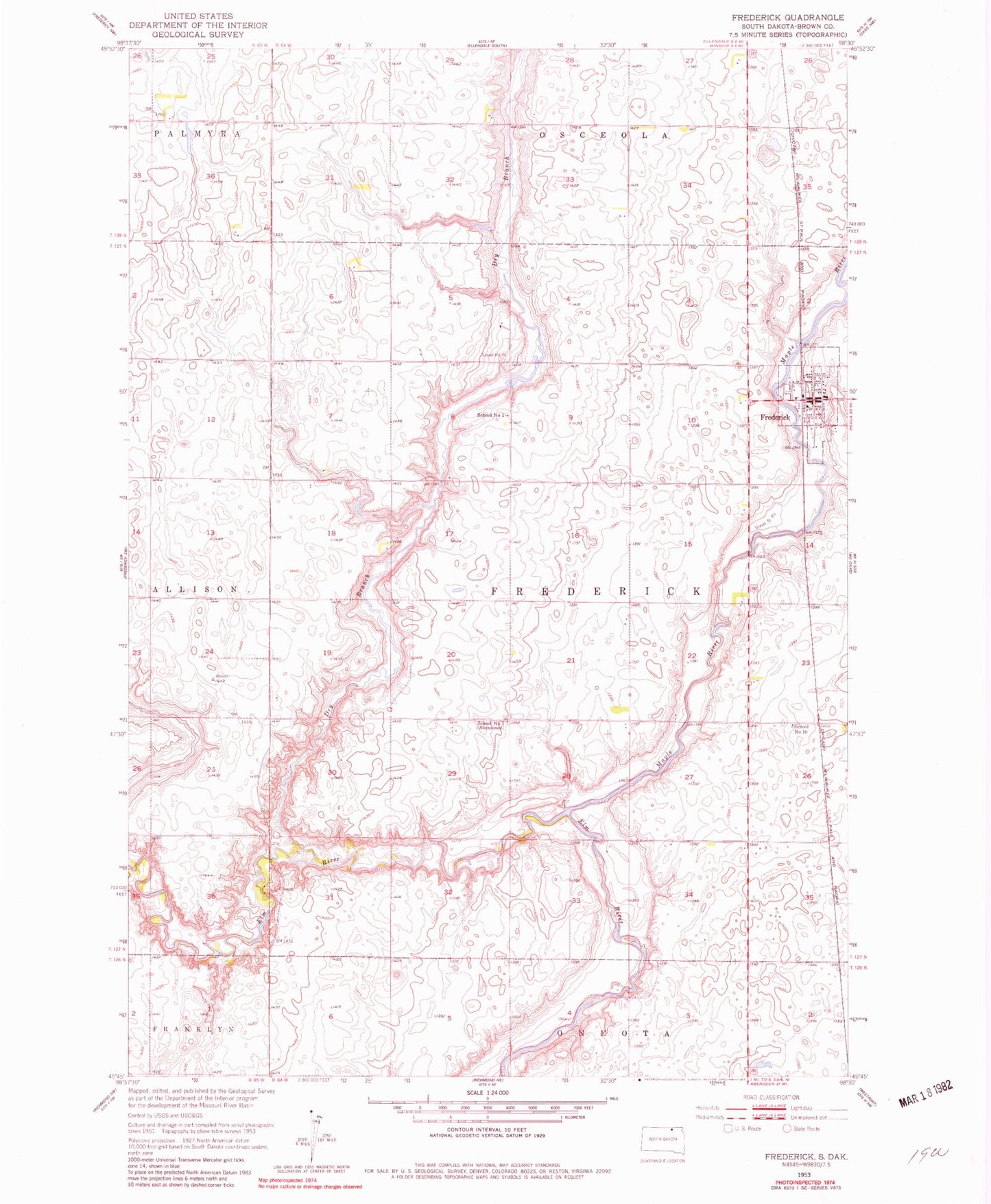 Classic USGS Frederick South Dakota 7.5'x7.5' Topo Map Image