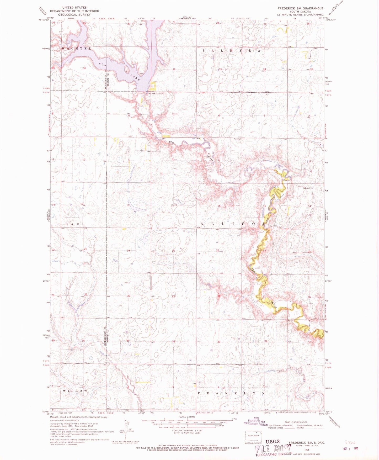 Classic USGS Frederick SW South Dakota 7.5'x7.5' Topo Map Image