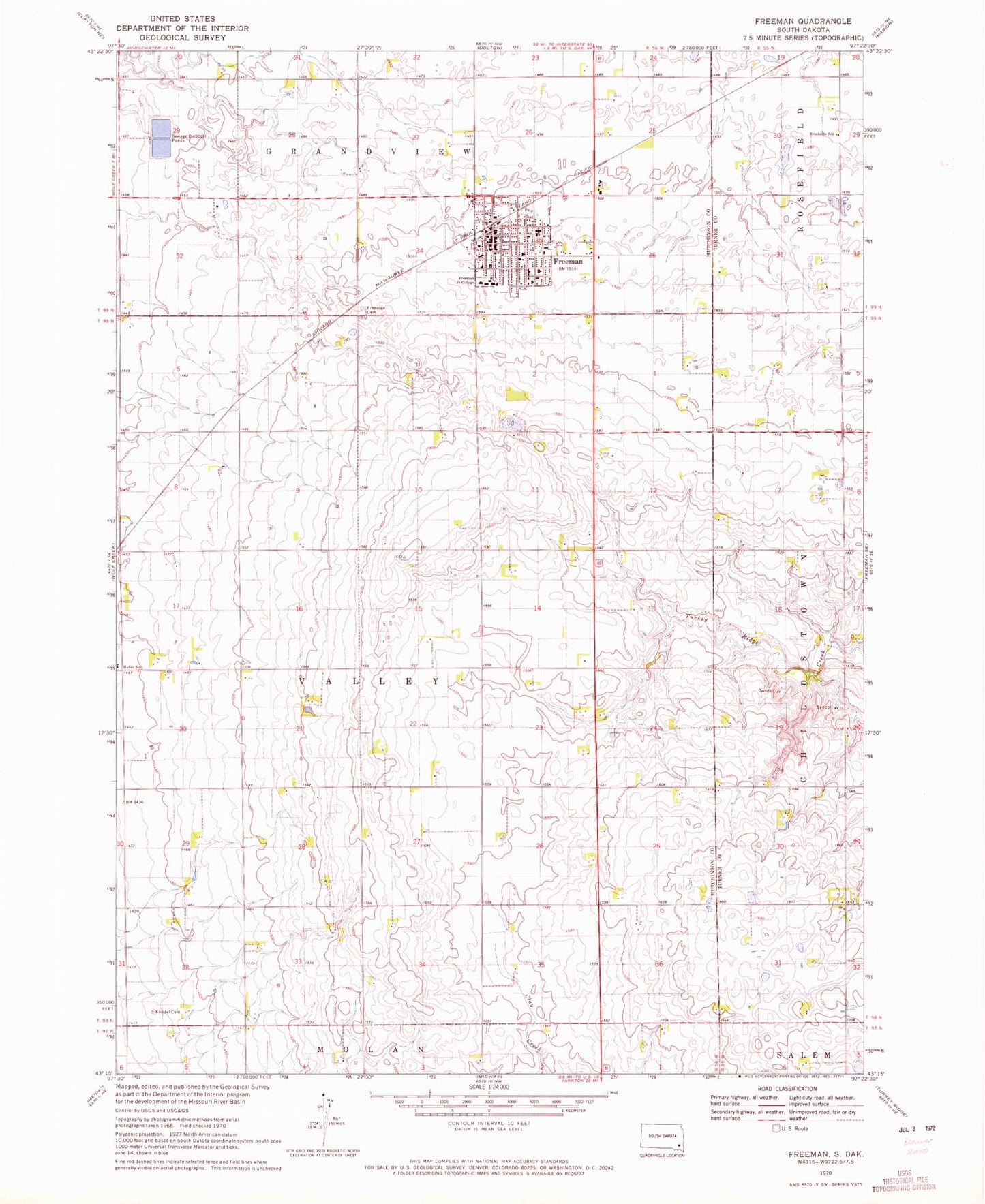 Classic USGS Freeman South Dakota 7.5'x7.5' Topo Map Image
