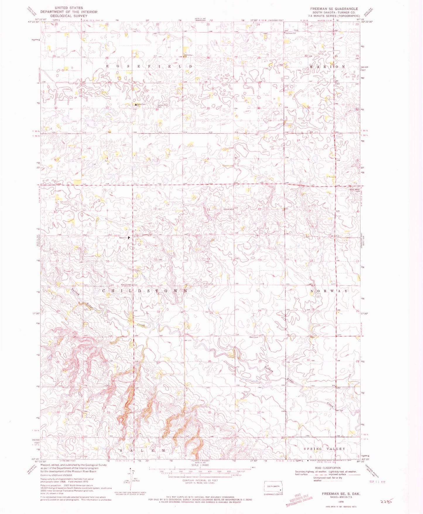 Classic USGS Freeman SE South Dakota 7.5'x7.5' Topo Map Image