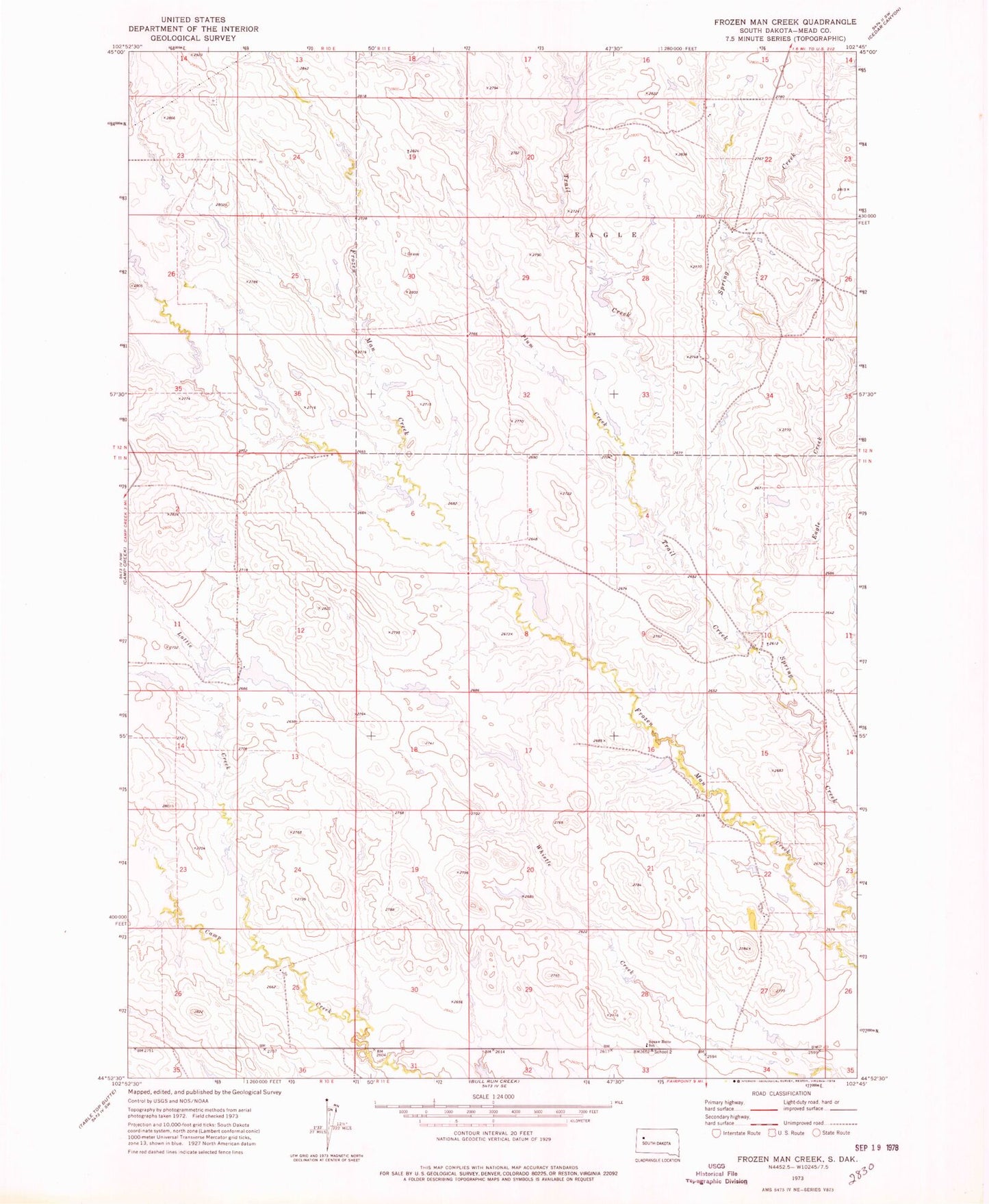 Classic USGS Frozen Man Creek South Dakota 7.5'x7.5' Topo Map Image