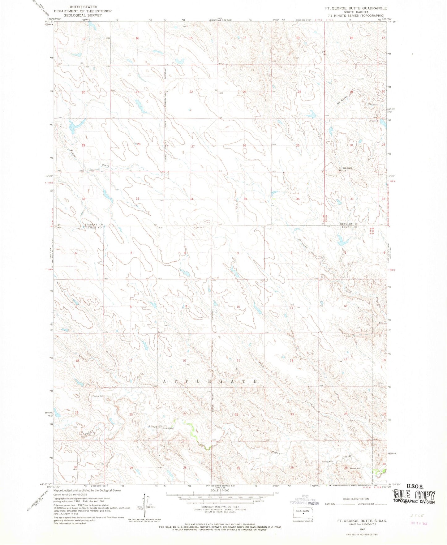 Classic USGS Fort George Butte South Dakota 7.5'x7.5' Topo Map Image