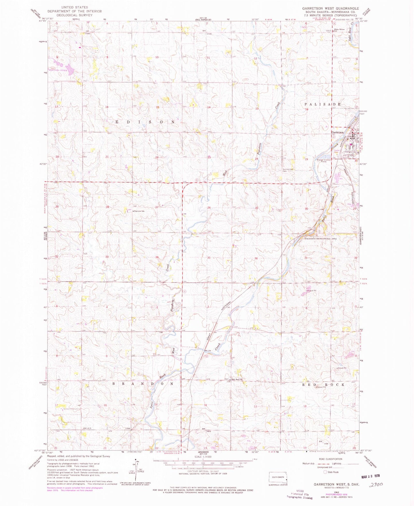 Classic USGS Garretson West South Dakota 7.5'x7.5' Topo Map Image