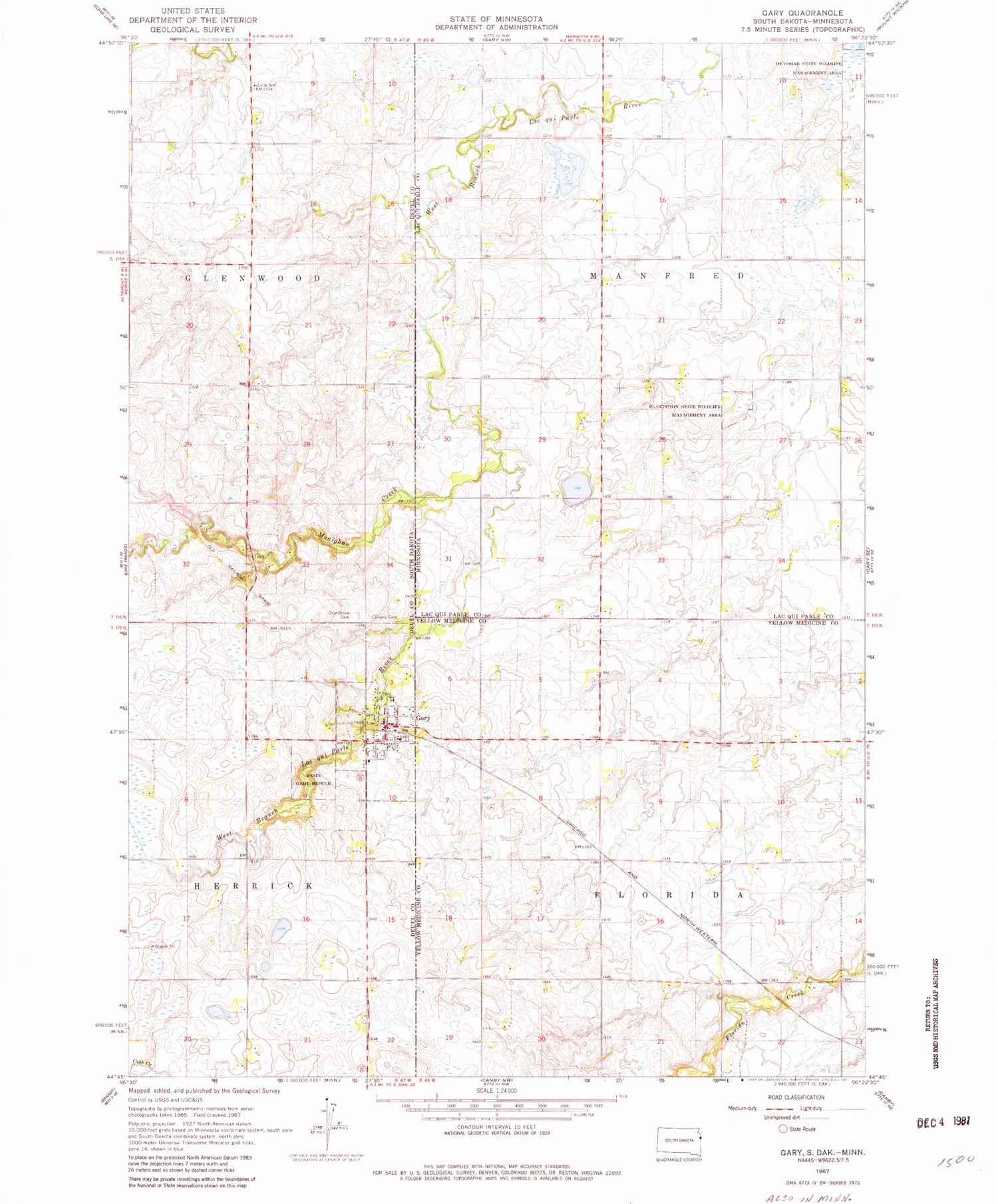 Classic USGS Gary South Dakota 7.5'x7.5' Topo Map Image