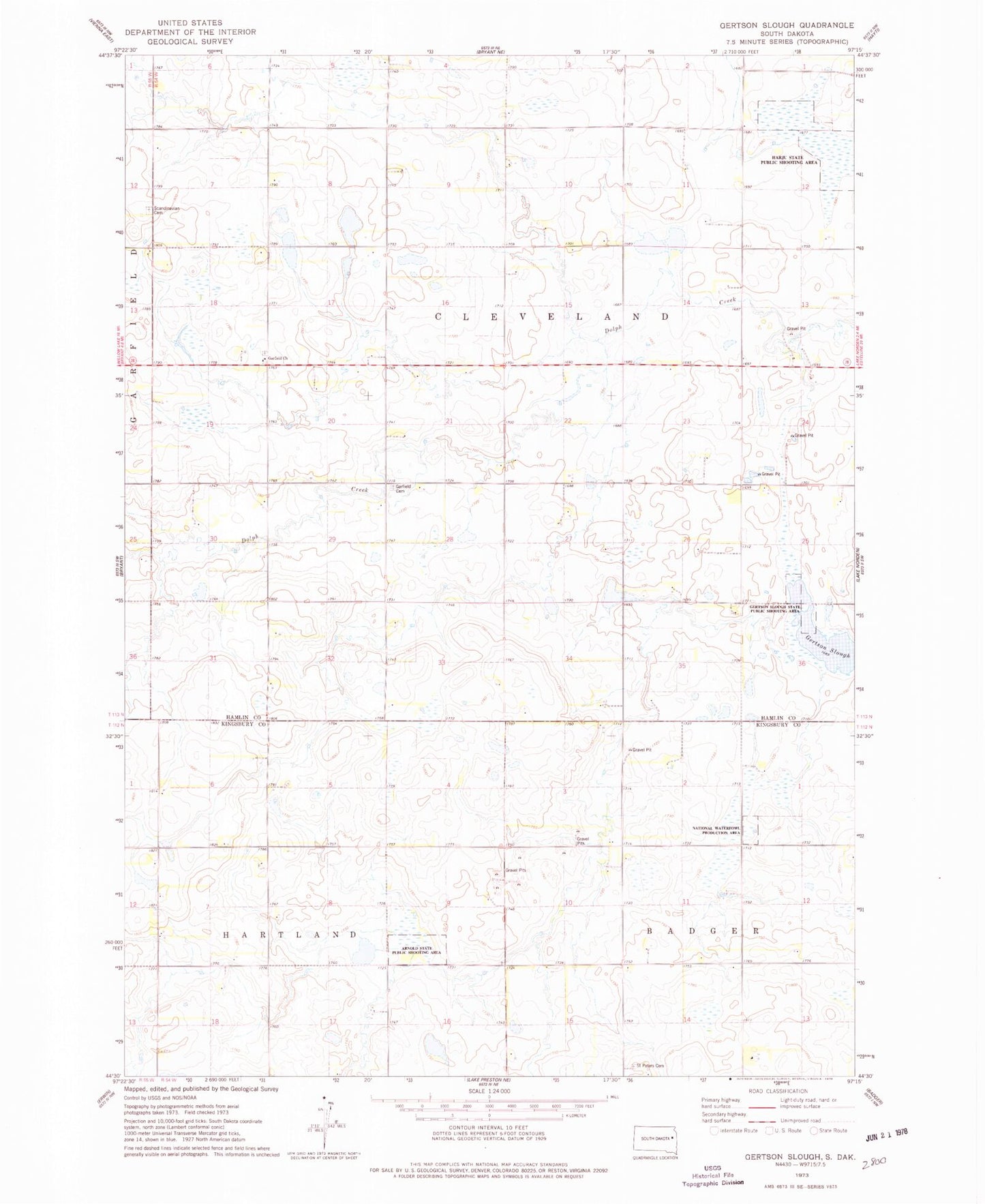 Classic USGS Gertson Slough South Dakota 7.5'x7.5' Topo Map Image