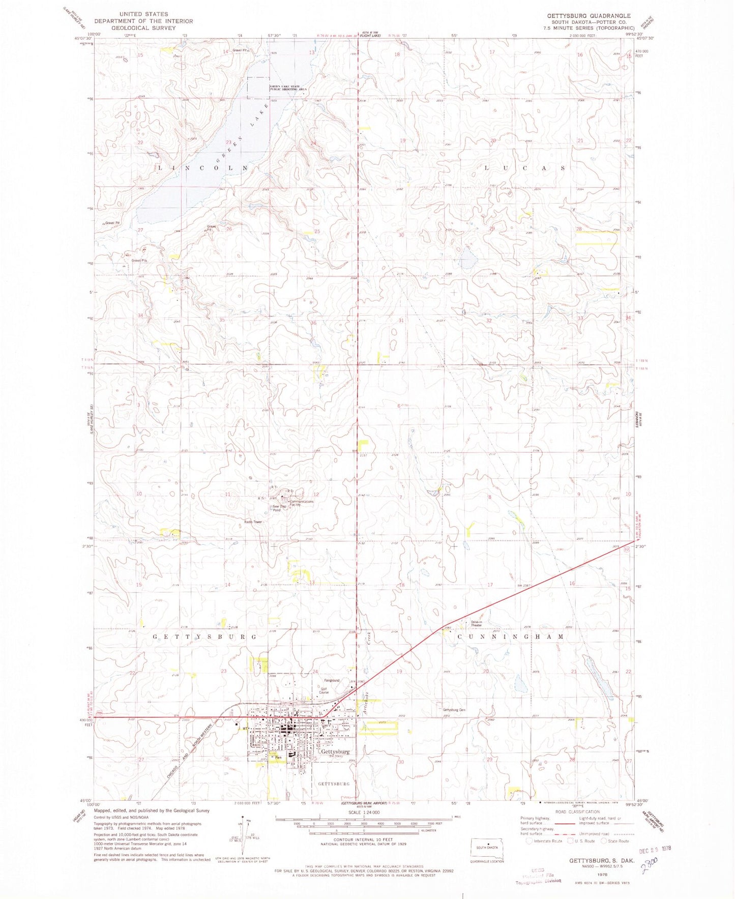 Classic USGS Gettysburg South Dakota 7.5'x7.5' Topo Map Image