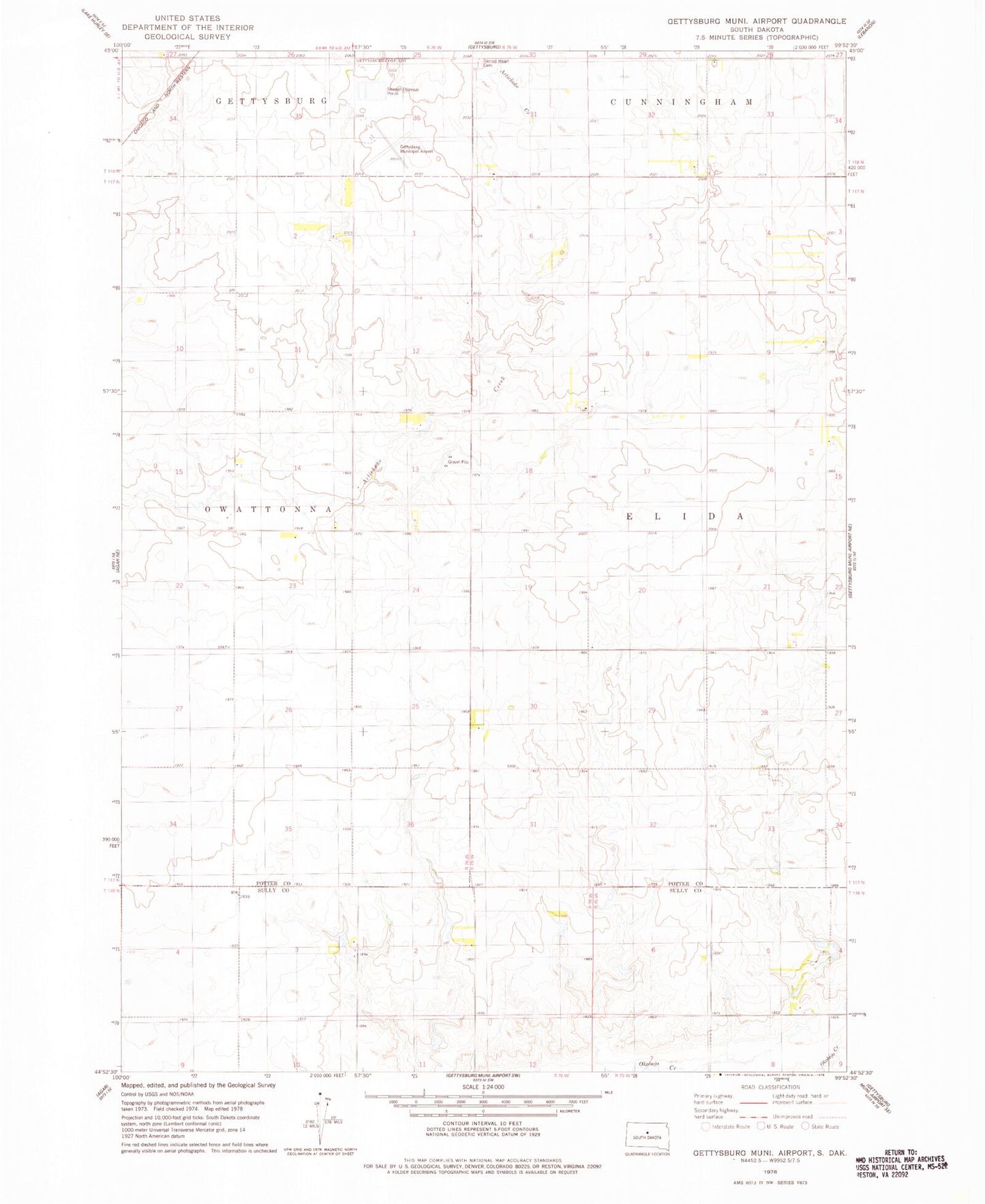 Classic USGS Gettysburg Municipal Airport South Dakota 7.5'x7.5' Topo Map Image