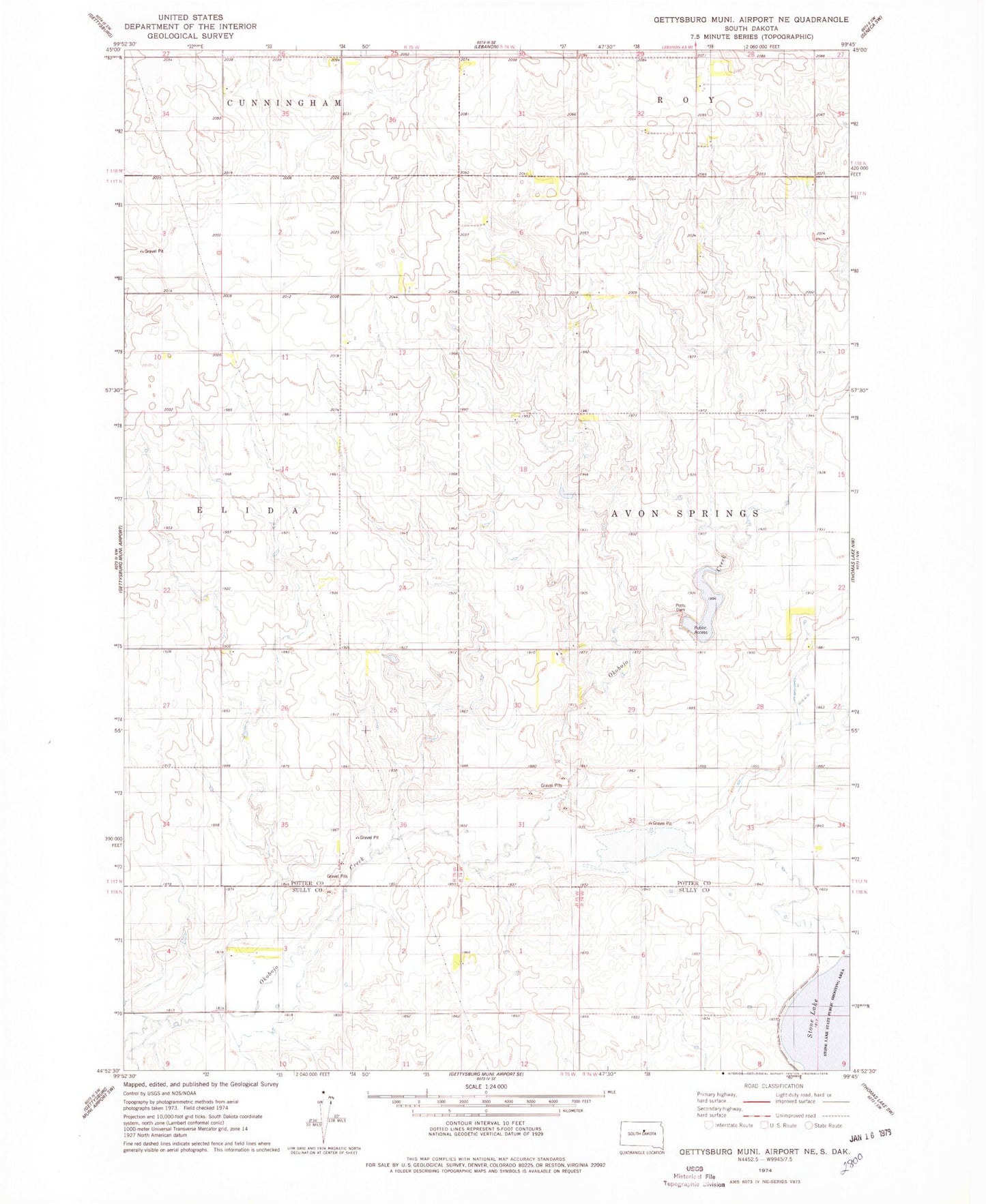 Classic USGS Gettysburg Municipal Airport NE South Dakota 7.5'x7.5' Topo Map Image