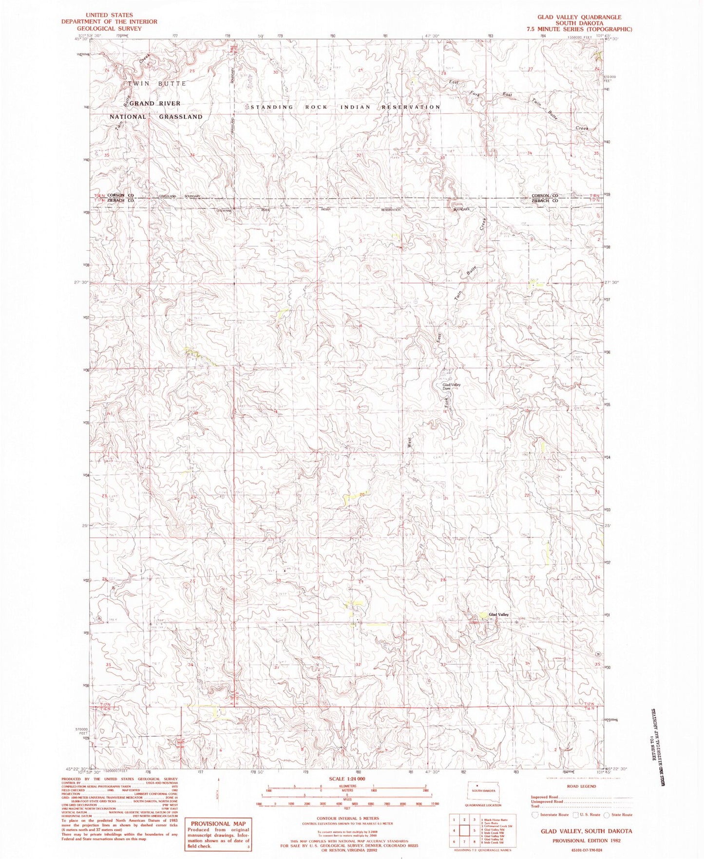 Classic USGS Glad Valley South Dakota 7.5'x7.5' Topo Map Image