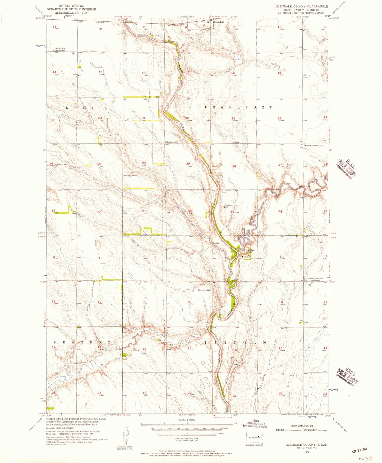 Classic USGS Glendale Colony South Dakota 7.5'x7.5' Topo Map Image
