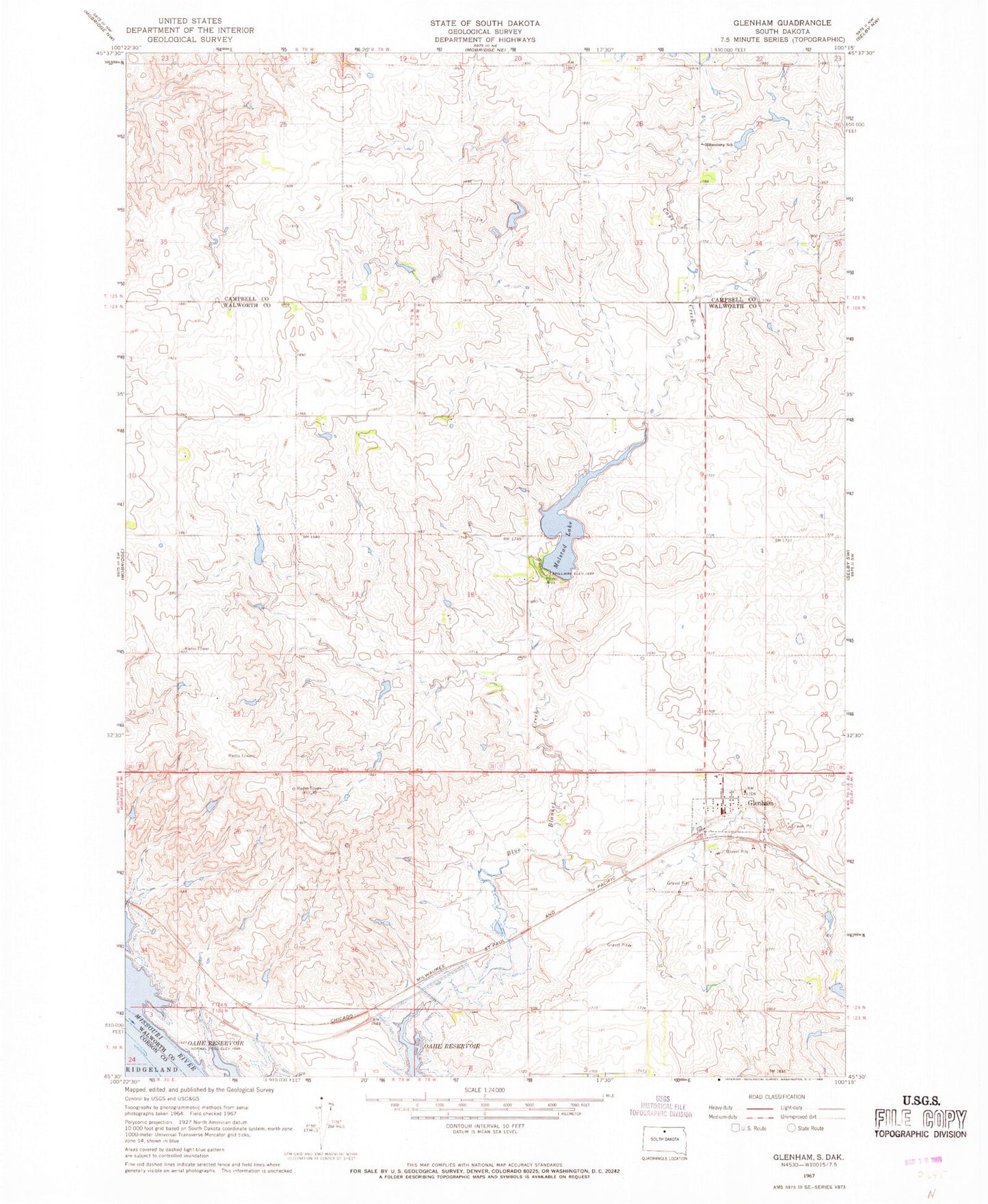 Classic USGS Glenham South Dakota 7.5'x7.5' Topo Map Image