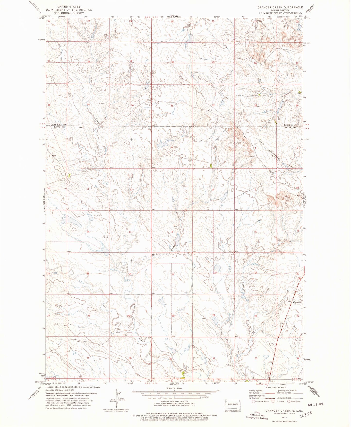 Classic USGS Granger Creek South Dakota 7.5'x7.5' Topo Map Image