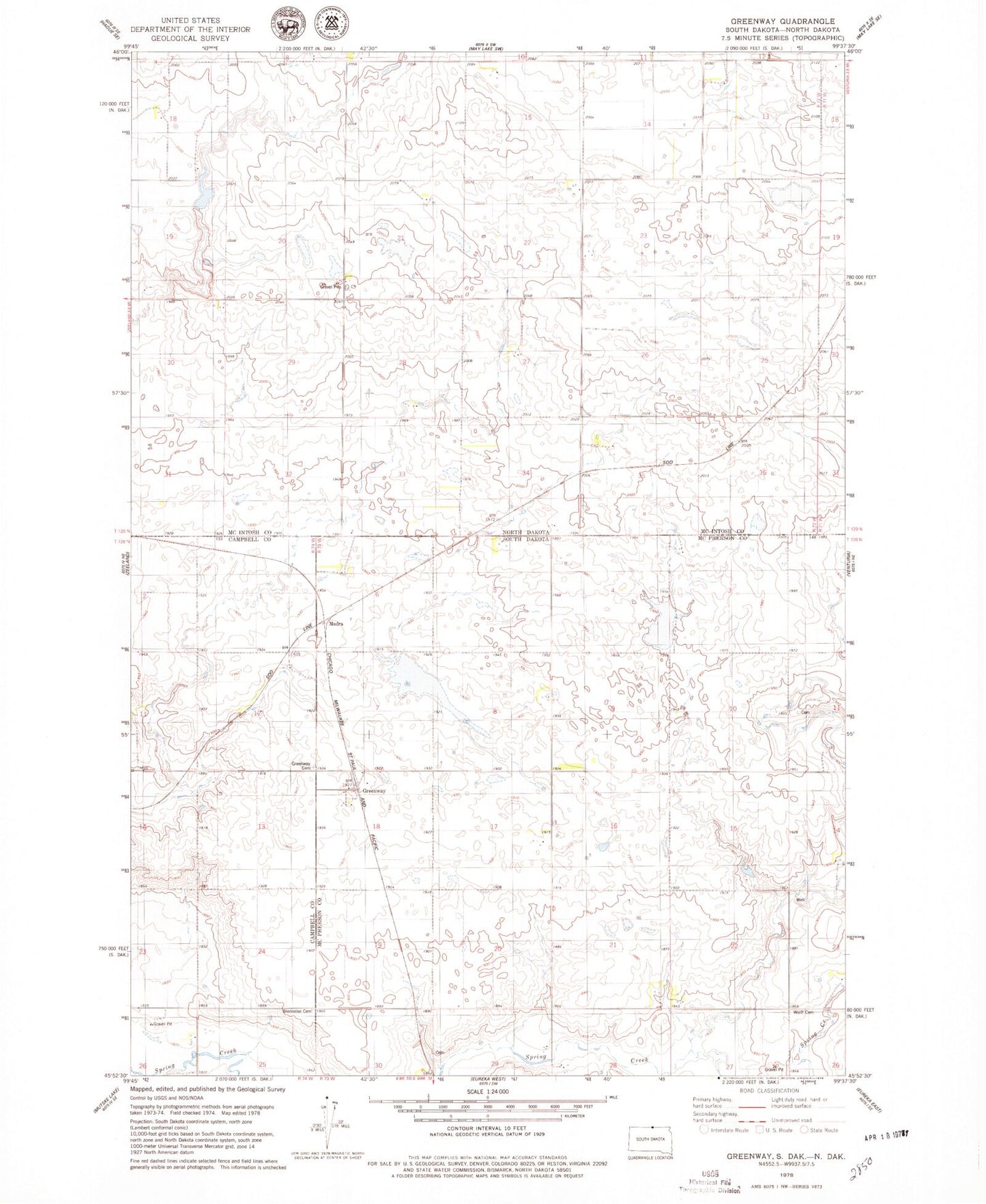 Classic USGS Greenway South Dakota 7.5'x7.5' Topo Map Image