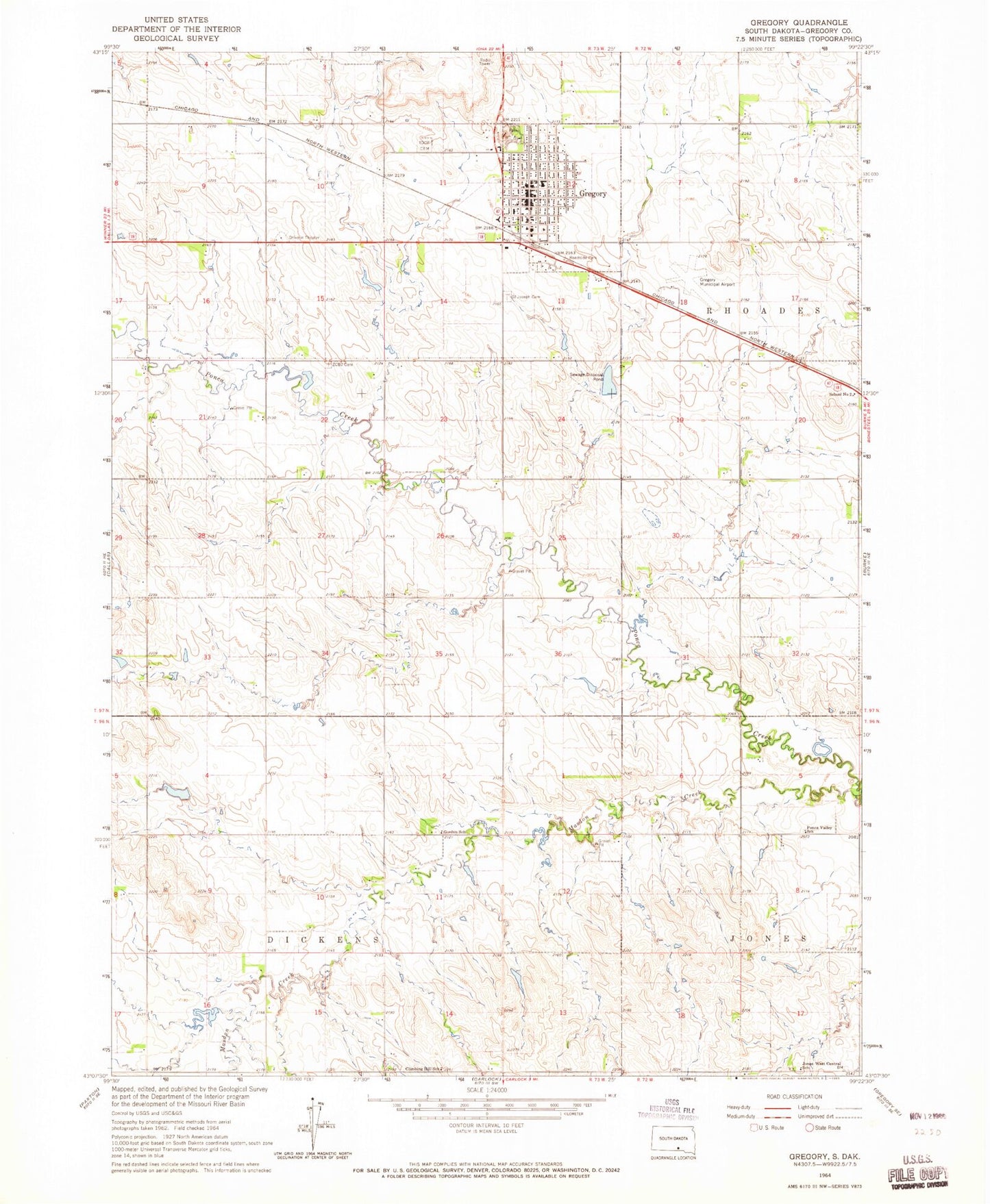 Classic USGS Gregory South Dakota 7.5'x7.5' Topo Map Image