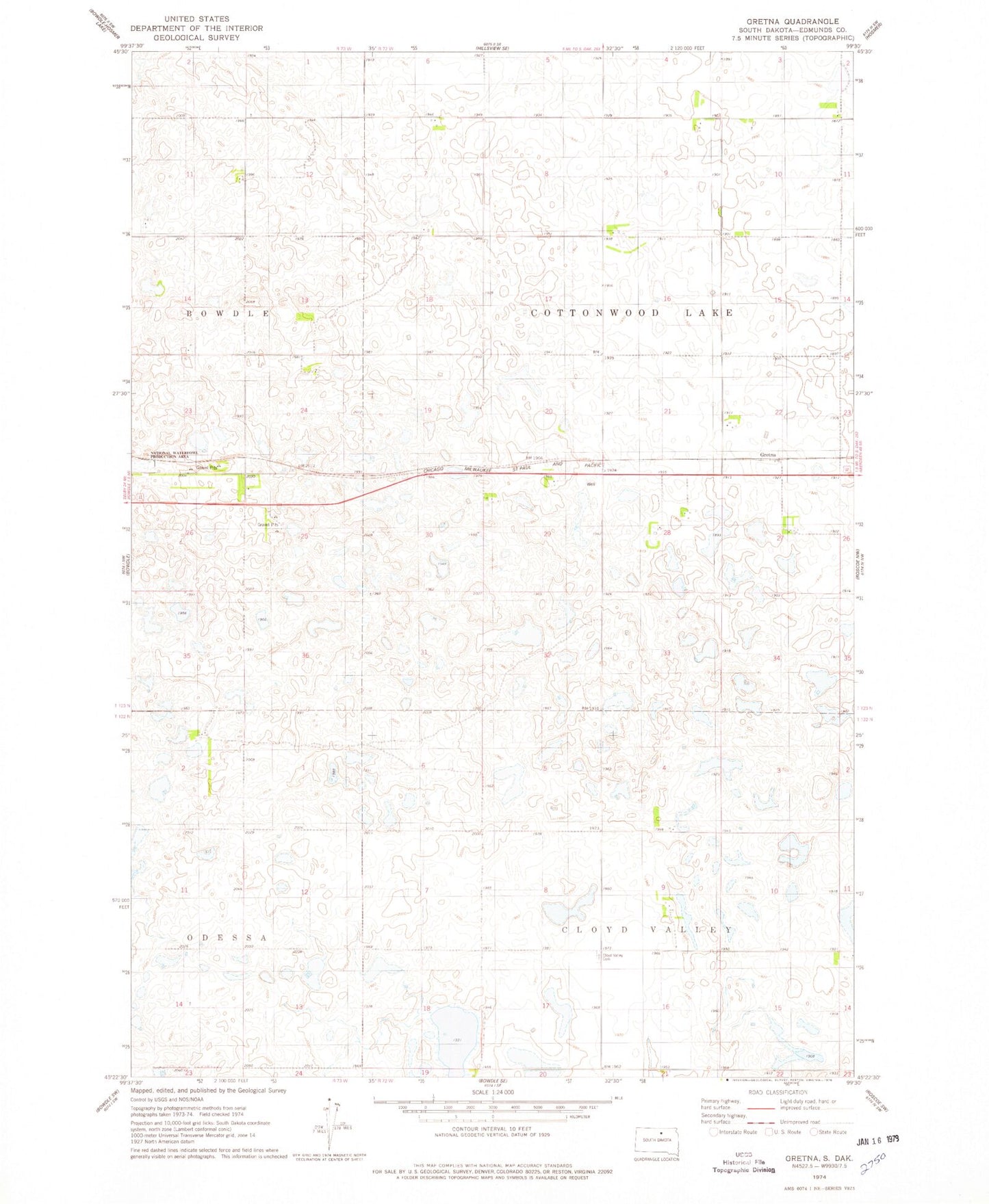 Classic USGS Gretna South Dakota 7.5'x7.5' Topo Map Image