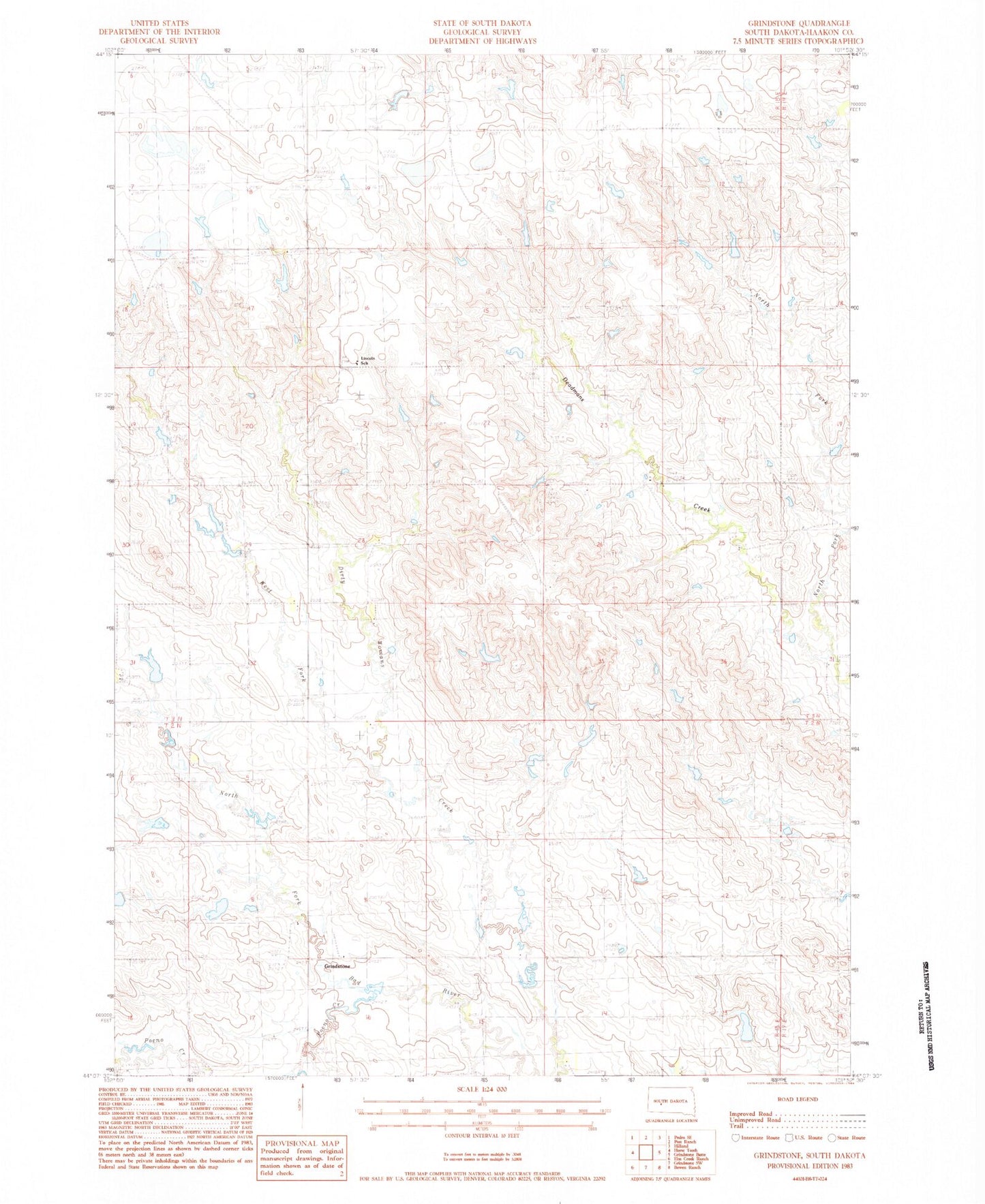 Classic USGS Grindstone South Dakota 7.5'x7.5' Topo Map Image