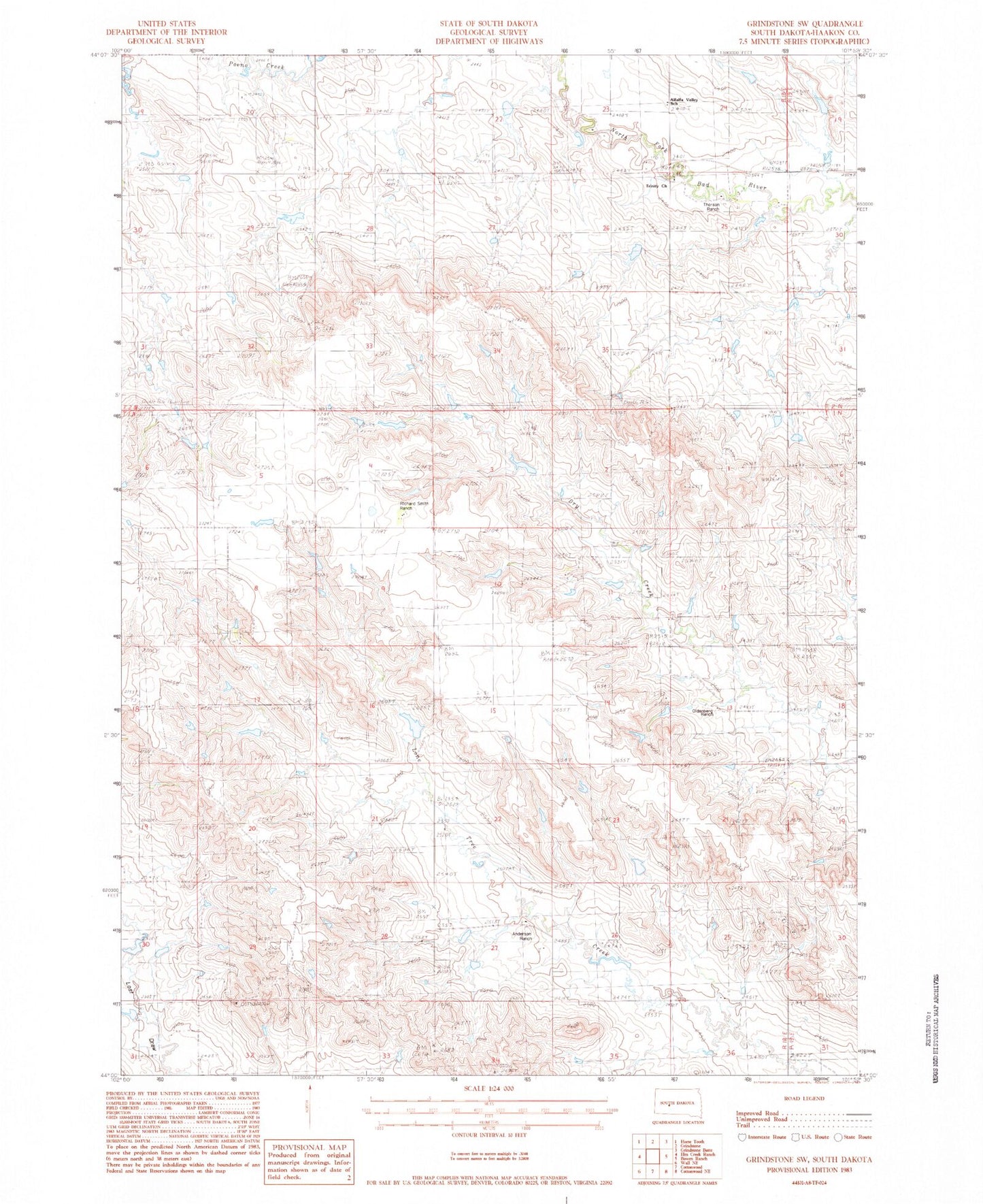 Classic USGS Grindstone SW South Dakota 7.5'x7.5' Topo Map Image