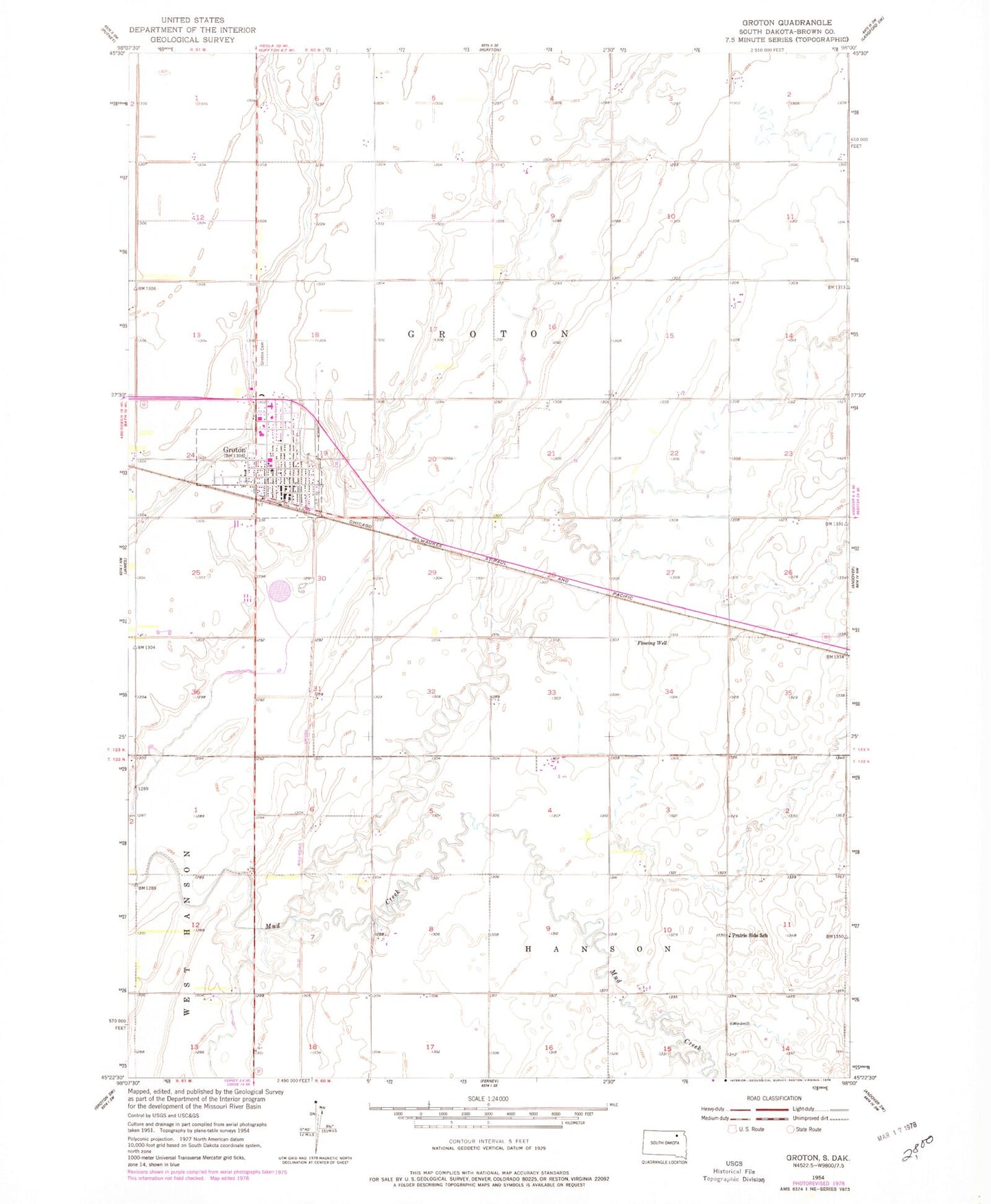 Classic USGS Groton South Dakota 7.5'x7.5' Topo Map Image