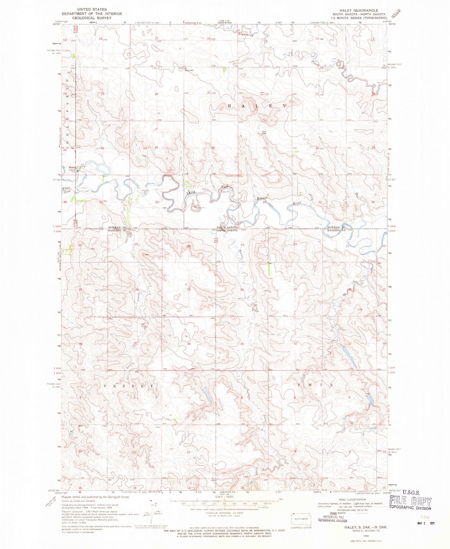 Classic USGS Haley North Dakota 7.5'x7.5' Topo Map Image