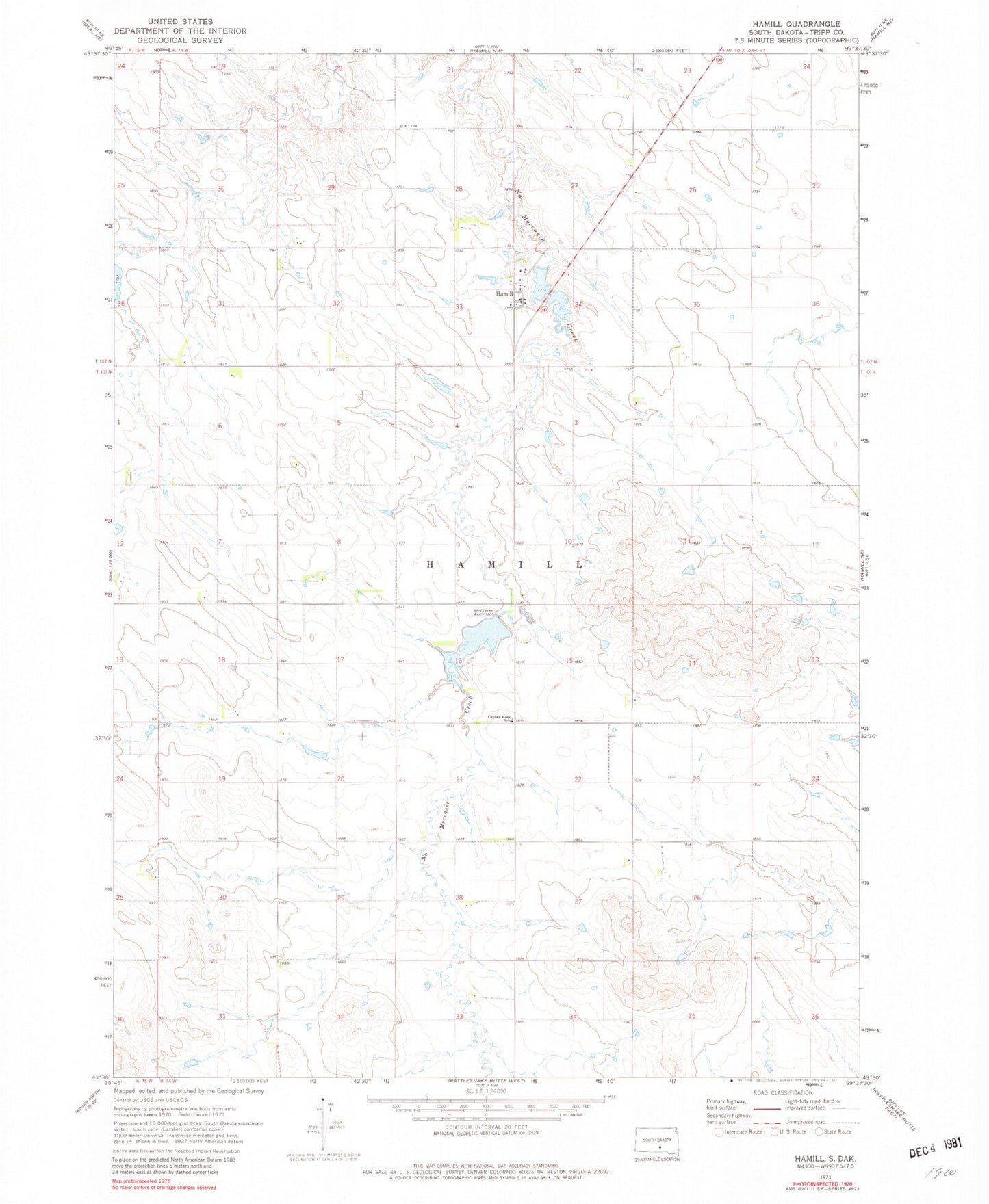 Classic USGS Hamill South Dakota 7.5'x7.5' Topo Map Image