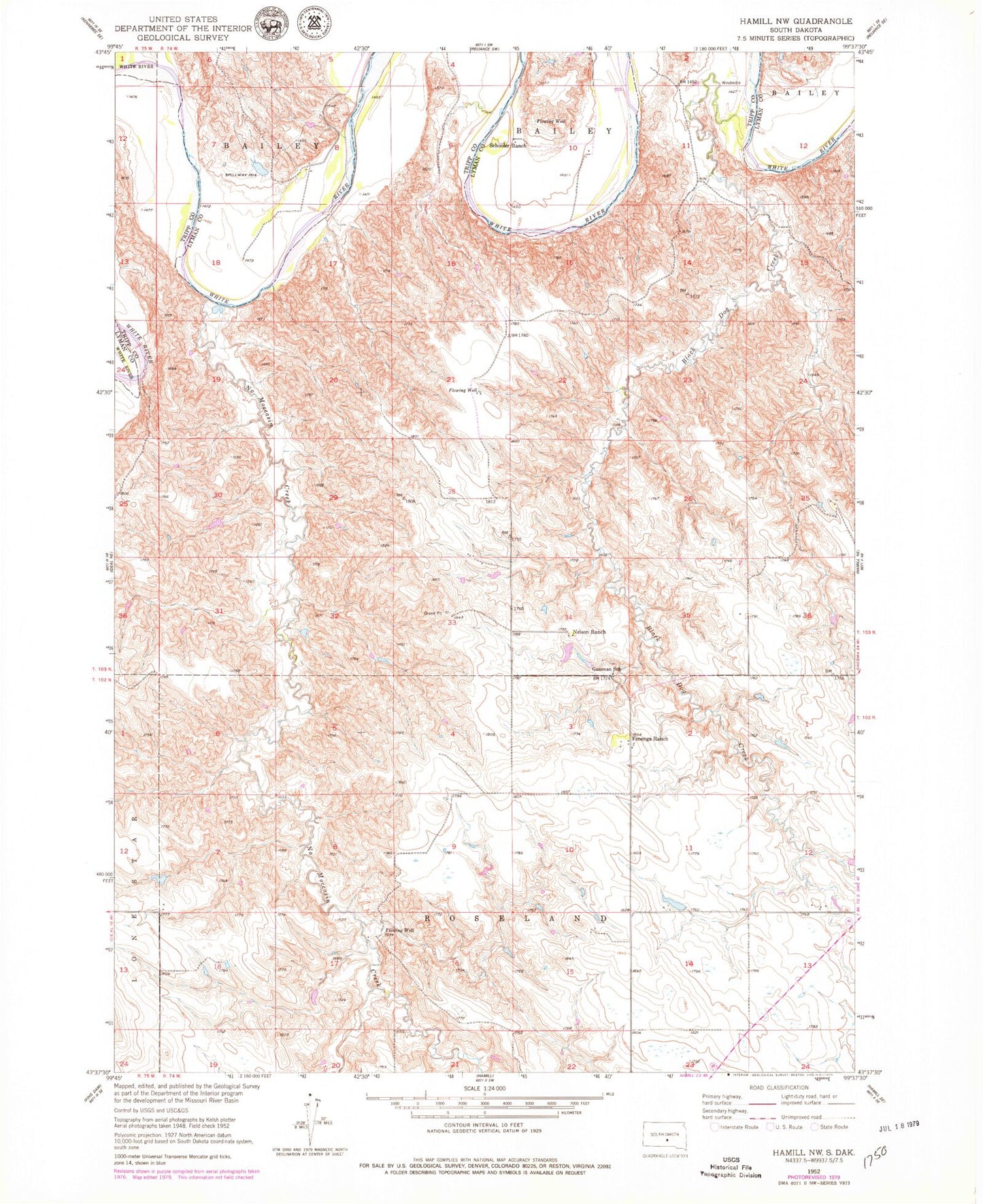 Classic USGS Hamill NW South Dakota 7.5'x7.5' Topo Map Image