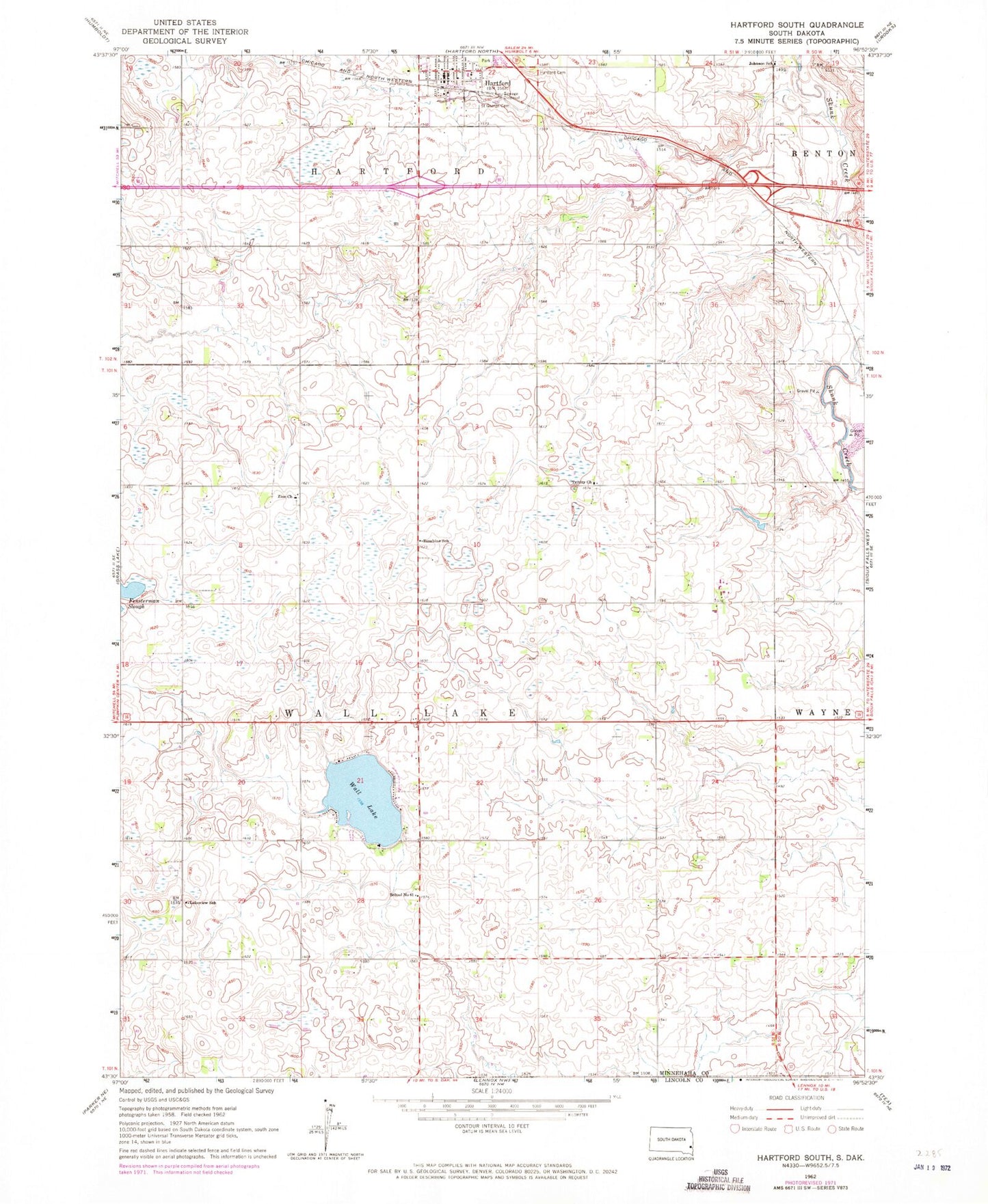 Classic USGS Hartford South South Dakota 7.5'x7.5' Topo Map Image
