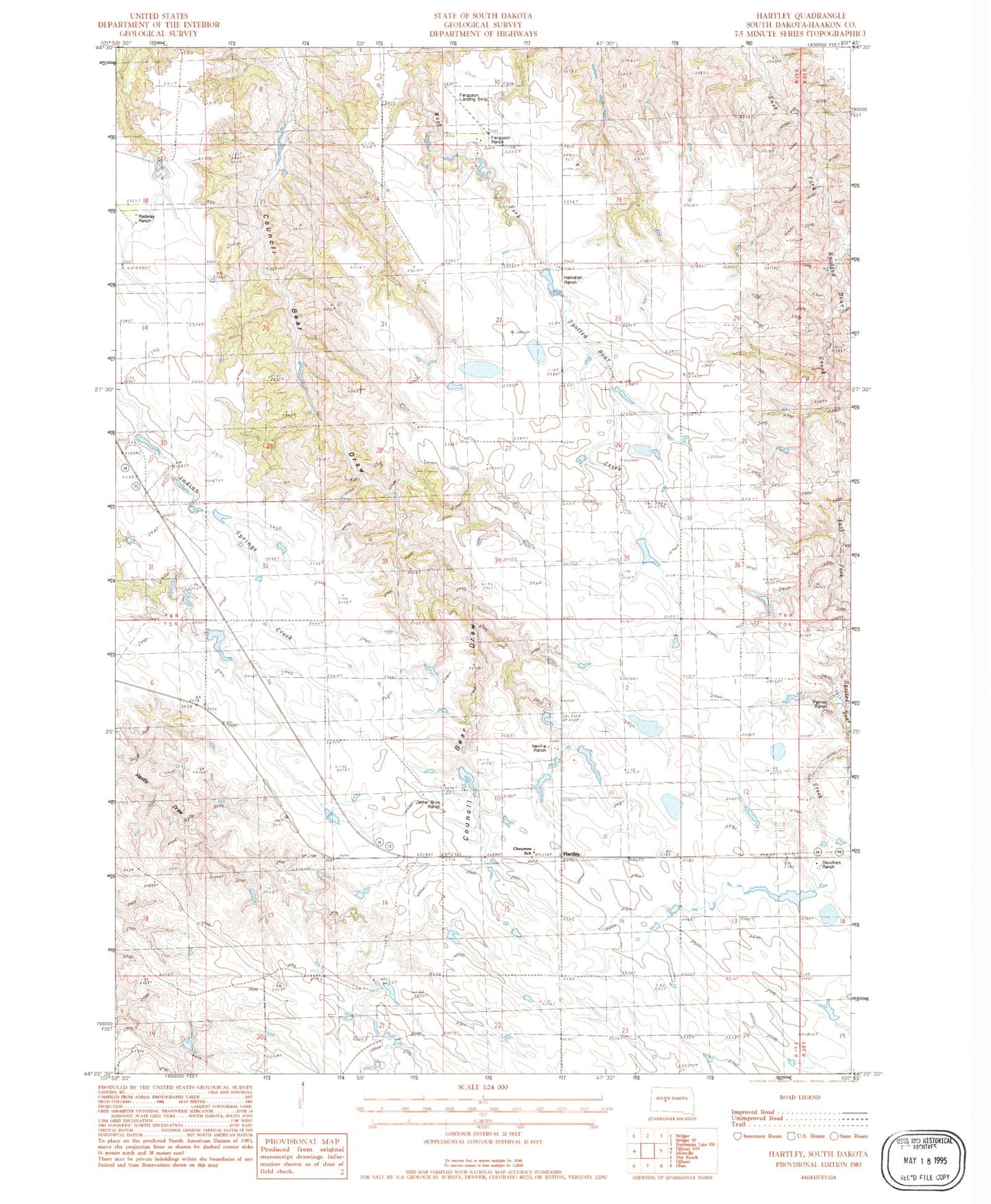 Classic USGS Hartley South Dakota 7.5'x7.5' Topo Map Image