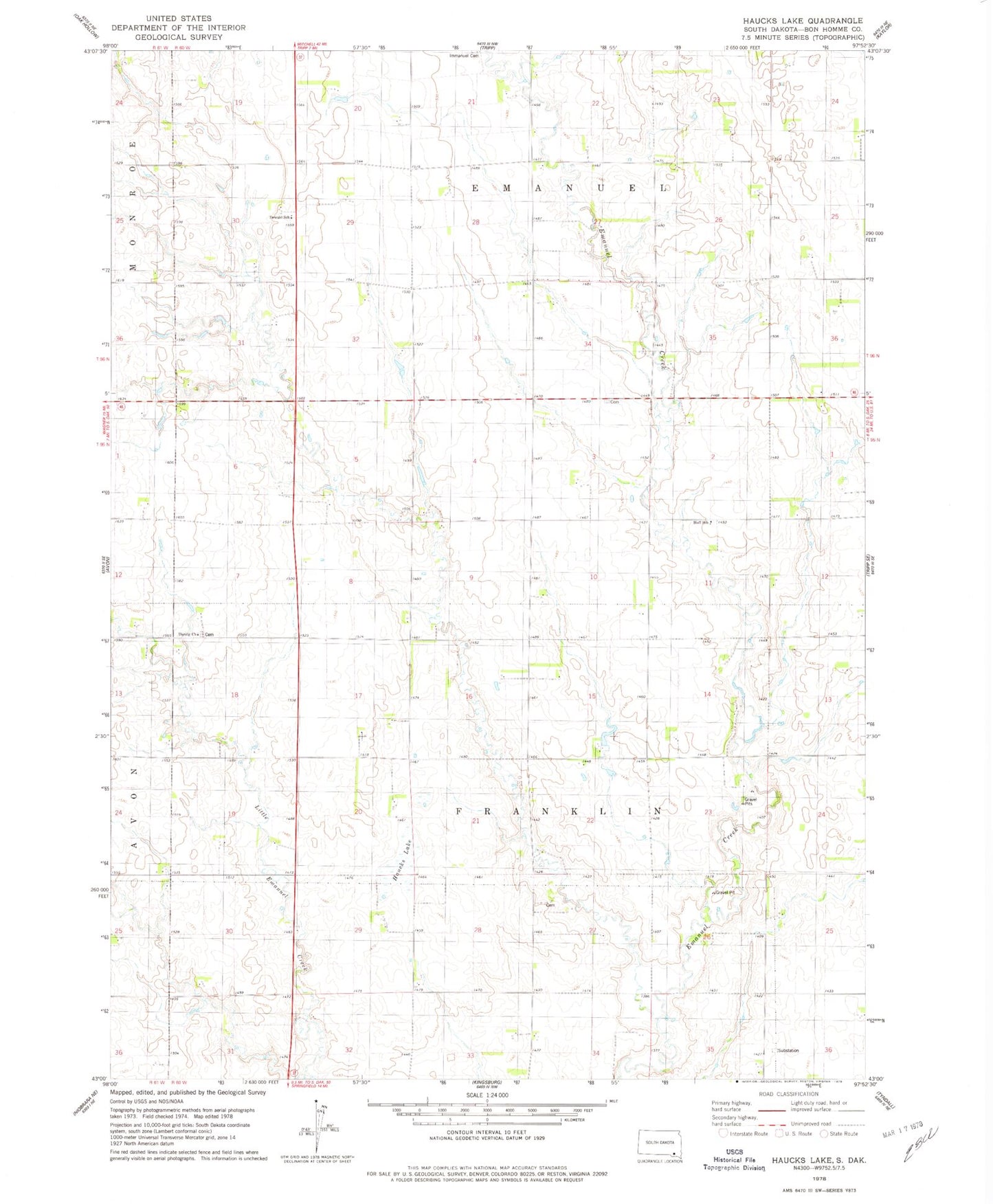 Classic USGS Haucks Lake South Dakota 7.5'x7.5' Topo Map Image