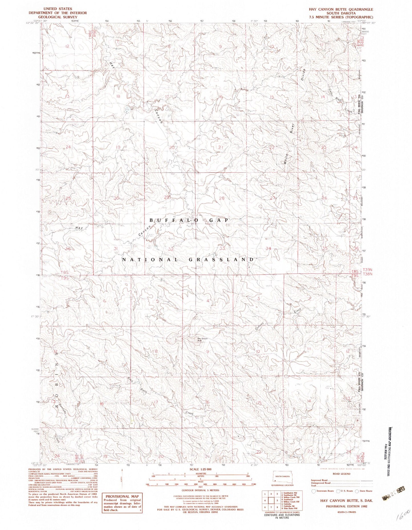 Classic USGS Hay Canyon Butte South Dakota 7.5'x7.5' Topo Map Image