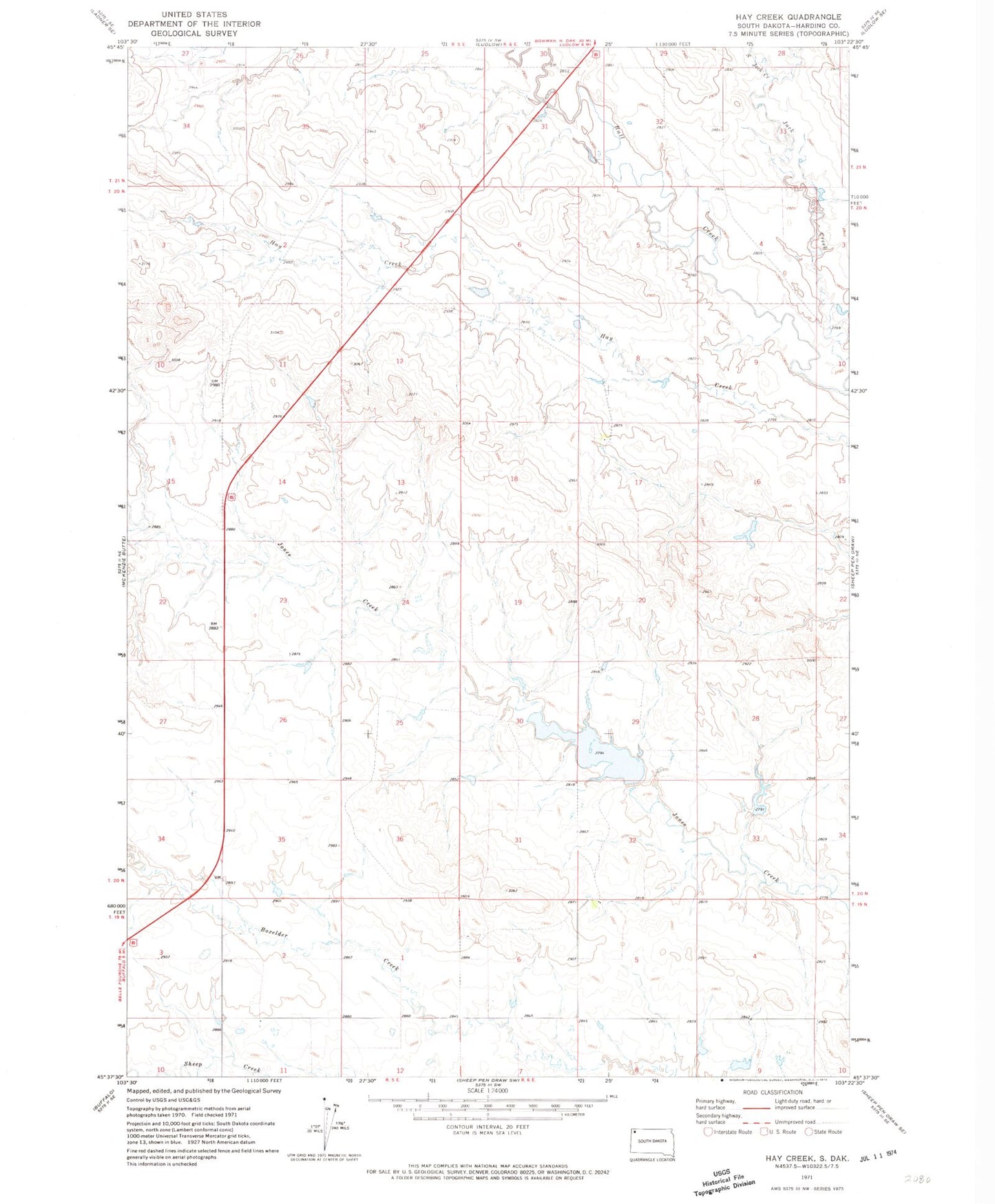 Classic USGS Hay Creek South Dakota 7.5'x7.5' Topo Map Image