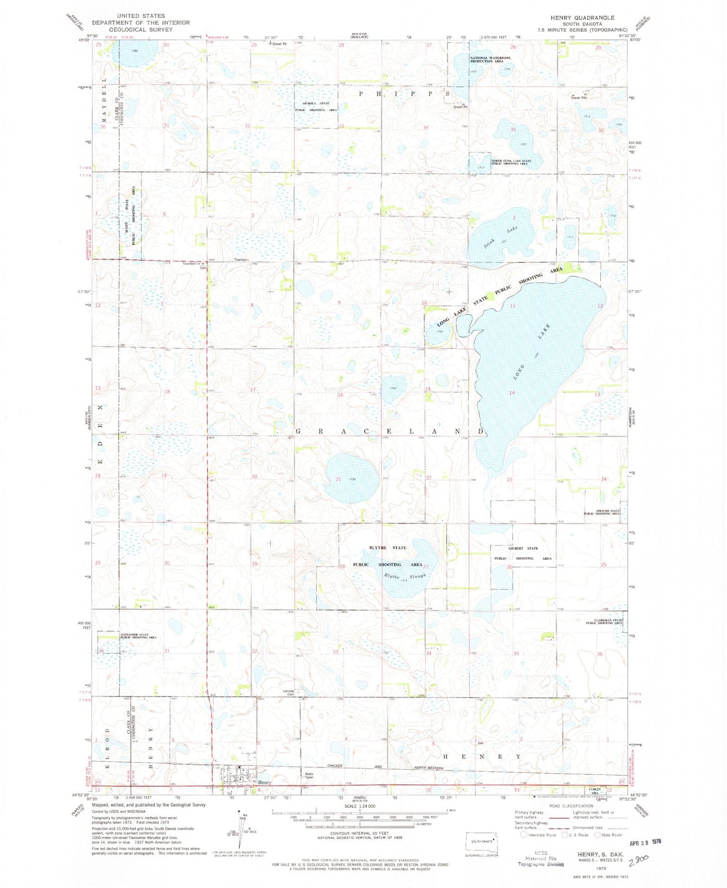 Classic USGS Henry South Dakota 7.5'x7.5' Topo Map Image