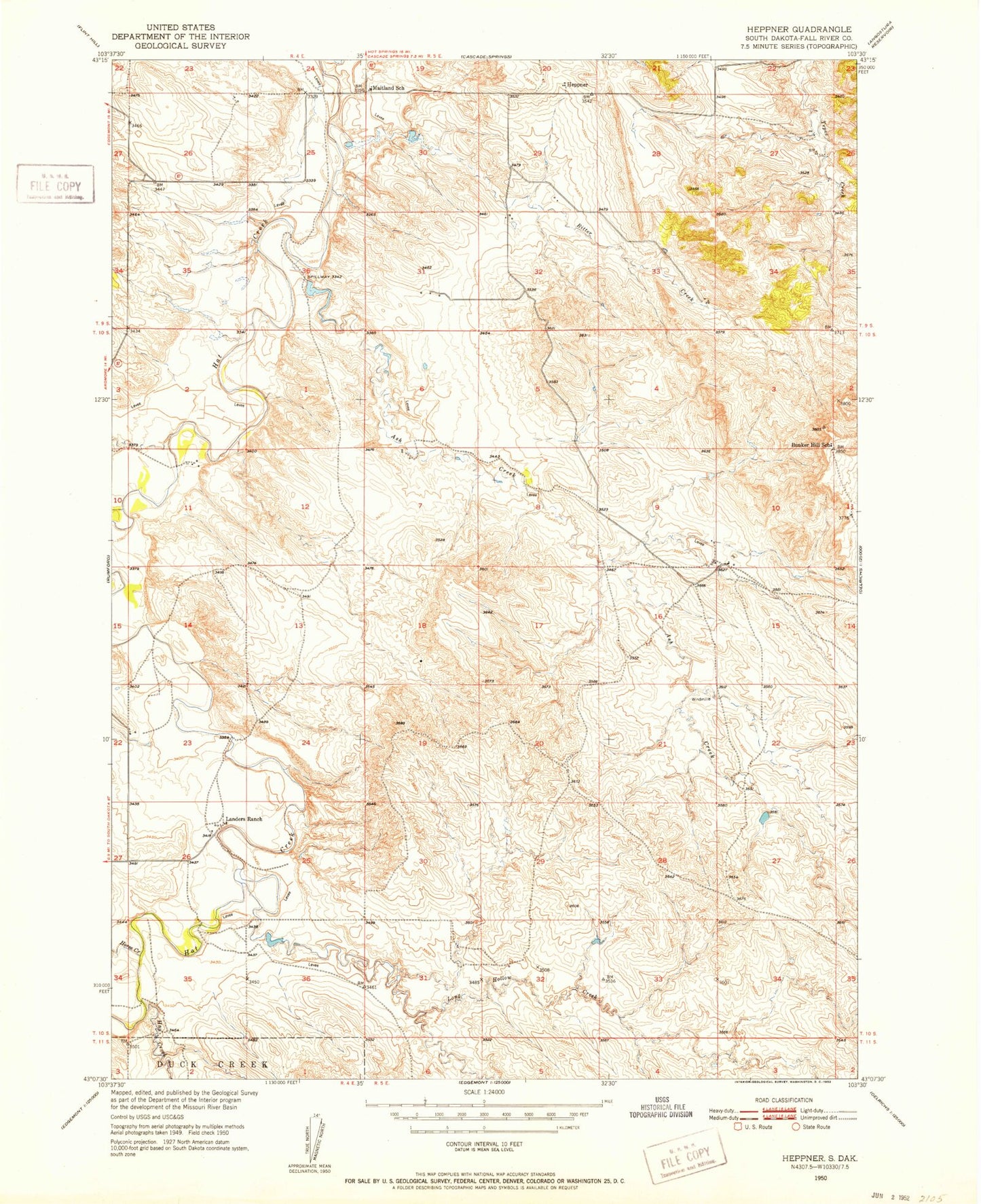 Classic USGS Heppner South Dakota 7.5'x7.5' Topo Map Image