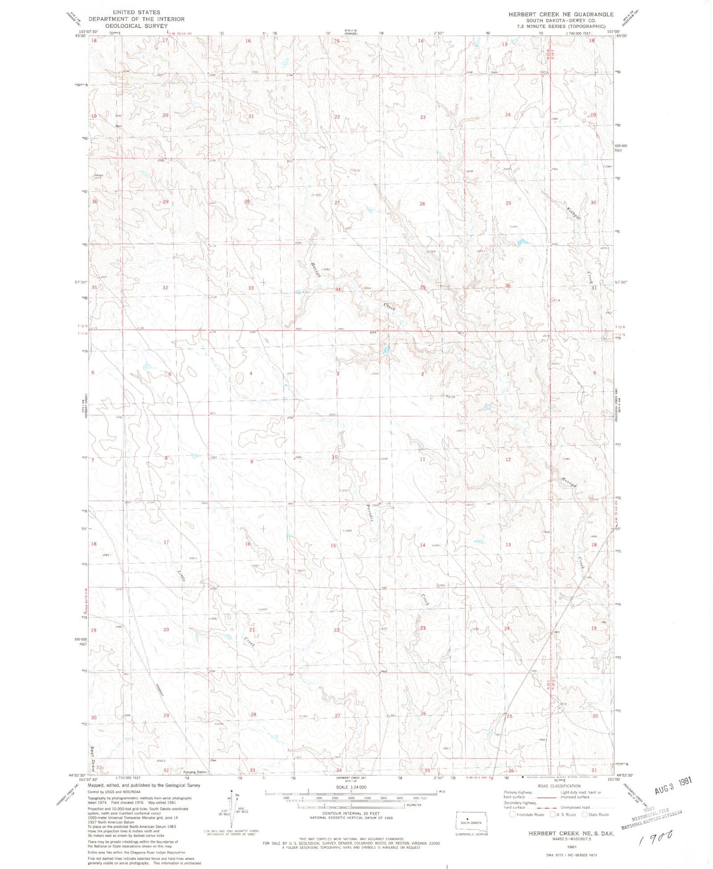 Classic USGS Herbert Creek NE South Dakota 7.5'x7.5' Topo Map Image